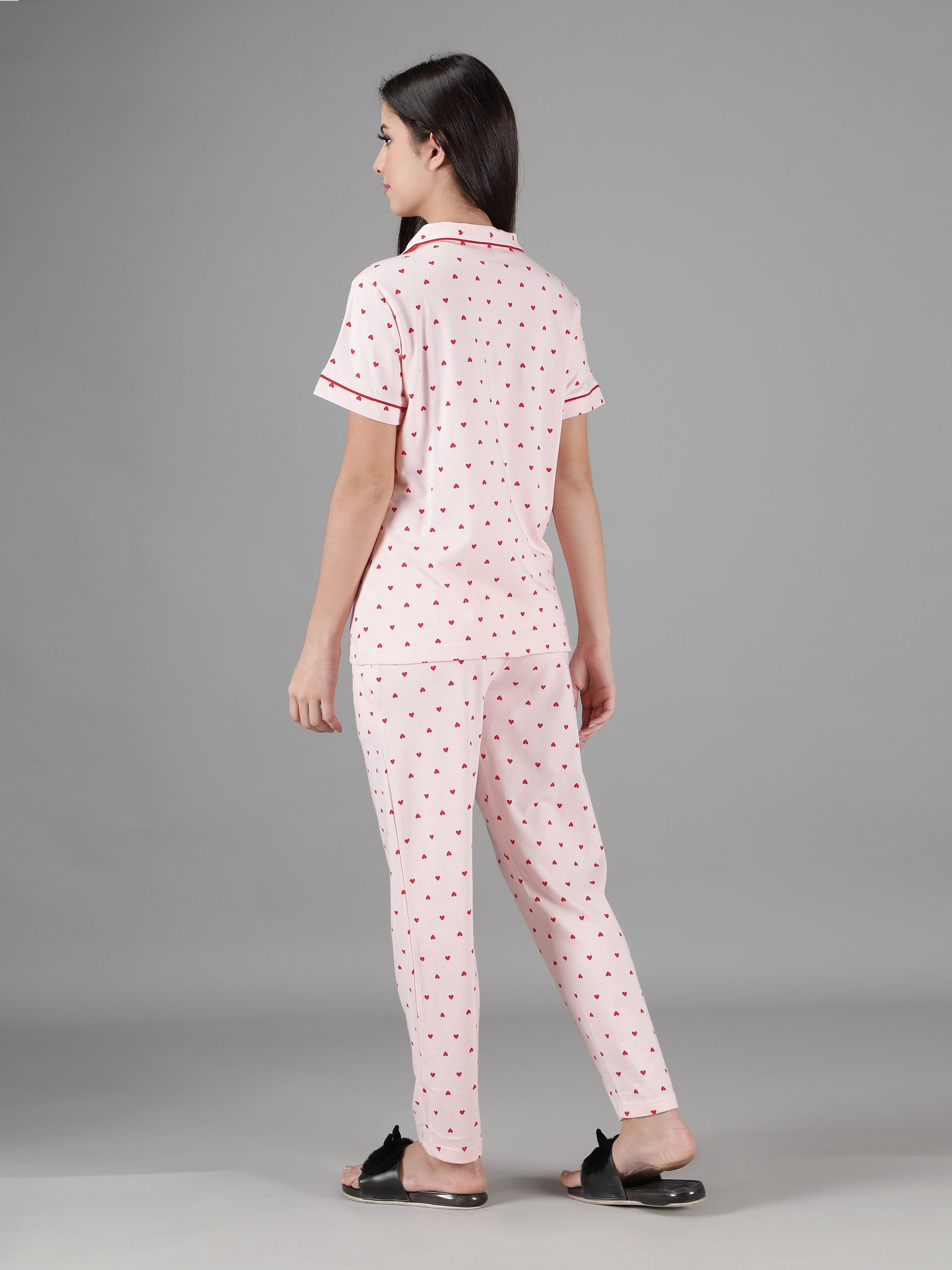Women's Pink Red Hearts Collar Style PJ Set - Lovely & Comfortable Sleepwear