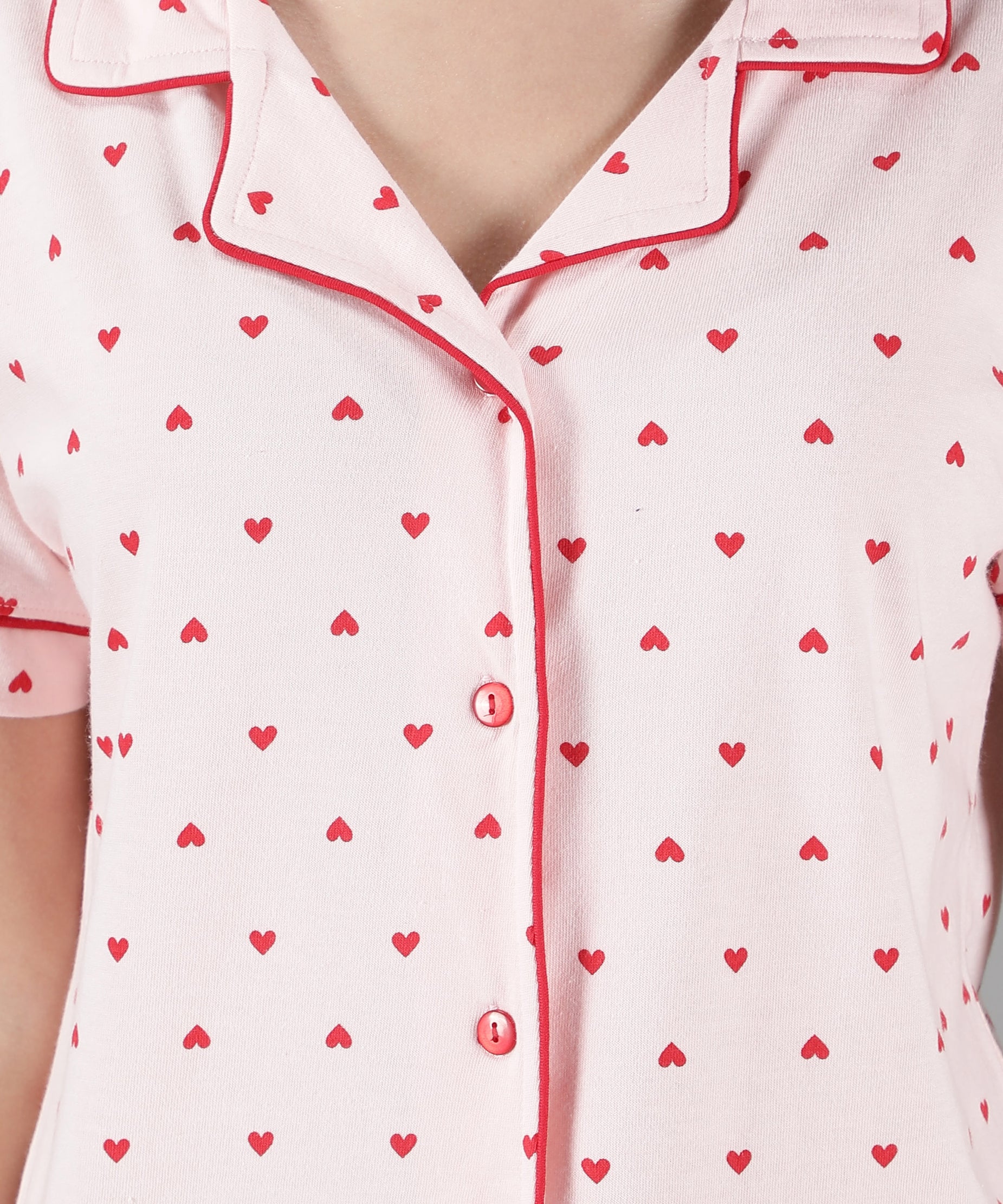 Women's Pink Red Hearts Collar Style PJ Set - Lovely & Comfortable Sleepwear