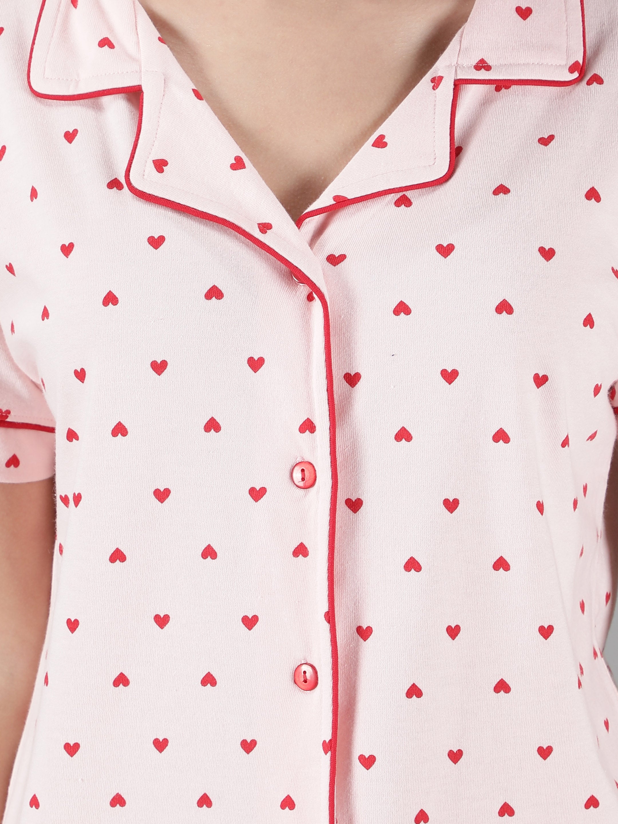 Women's Pink Red Hearts Collar Style PJ Set - Lovely & Comfortable Sleepwear