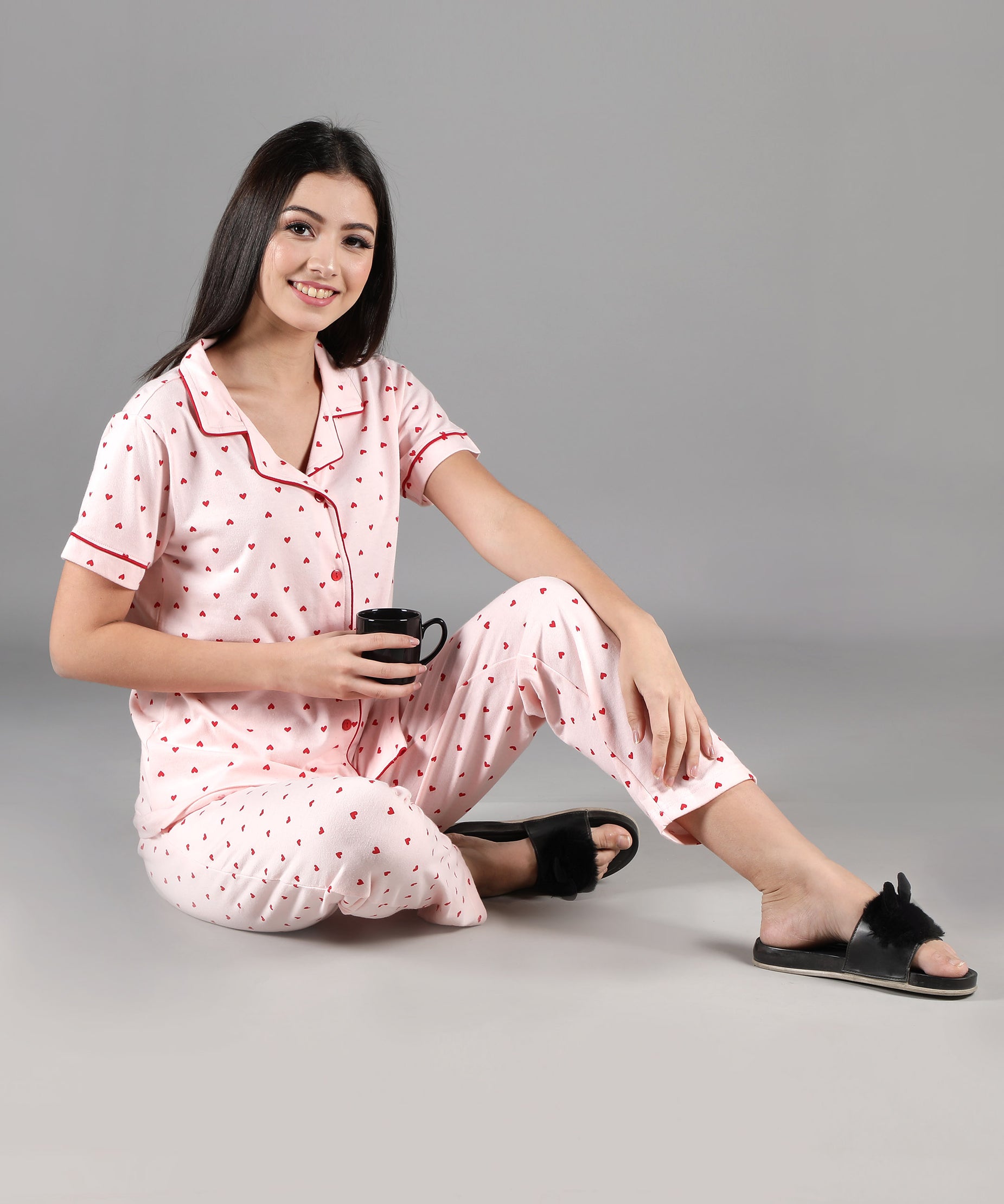 Women's Pink Red Hearts Collar Style PJ Set - Lovely & Comfortable Sleepwear