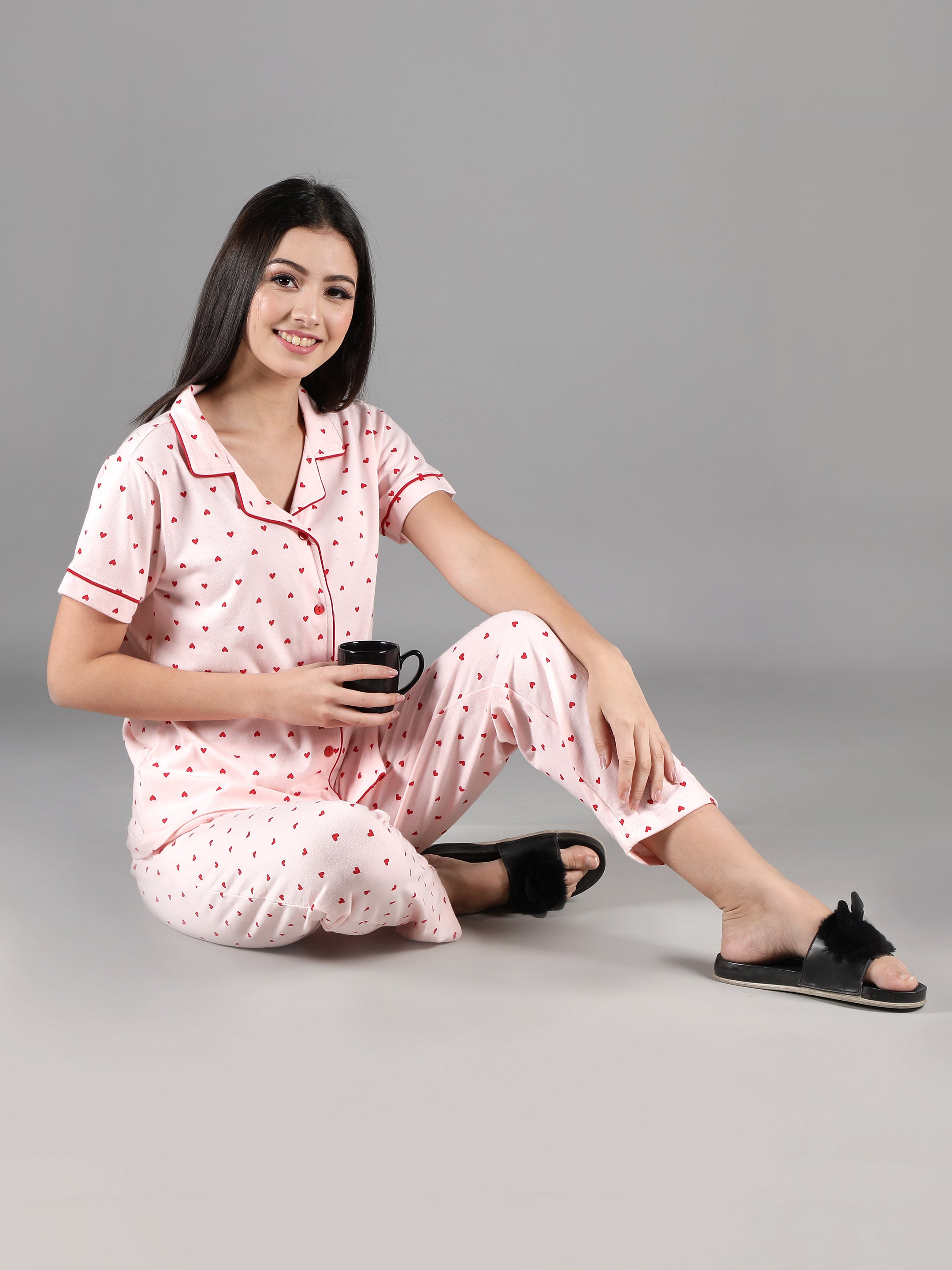Women's Pink Red Hearts Collar Style PJ Set - Lovely & Comfortable Sleepwear