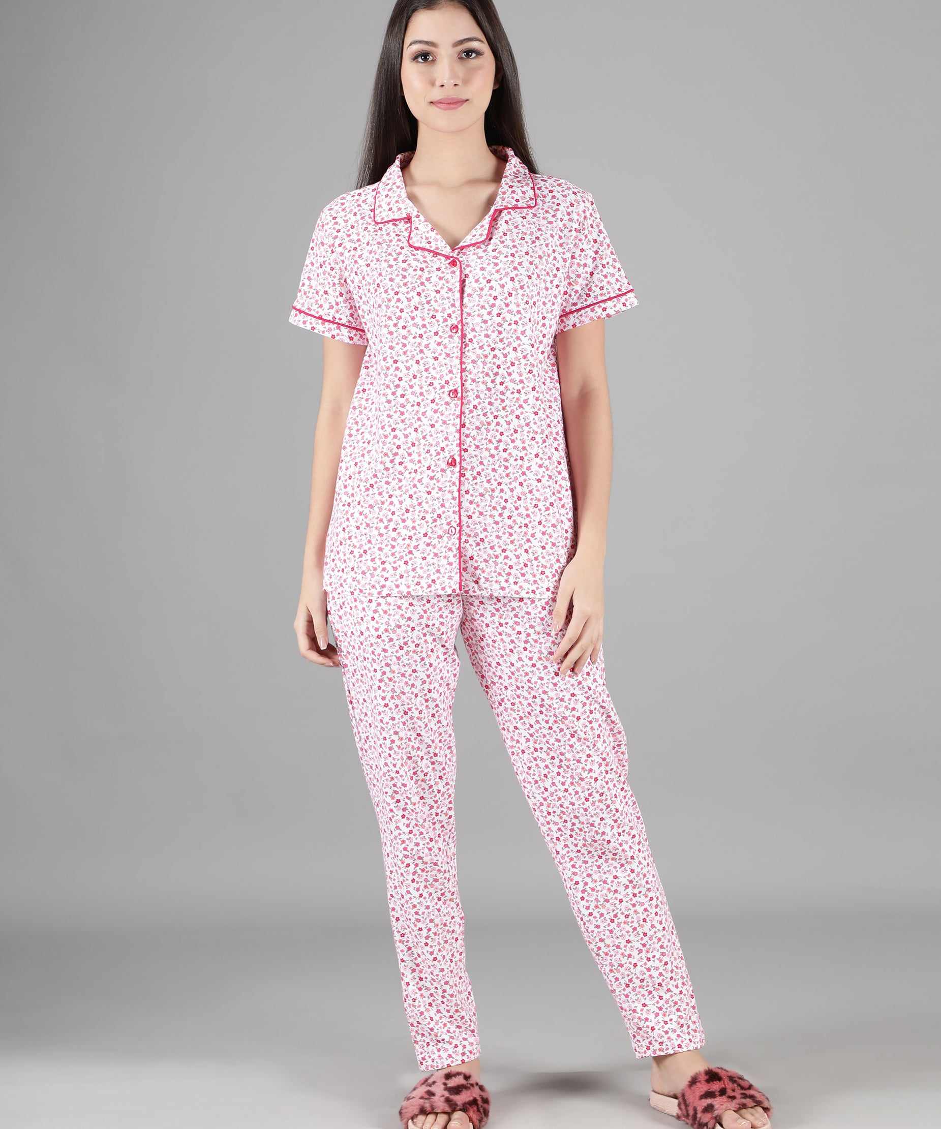 Women's White Pink Flowers Collar Style PJ Set - Blossoming & Comfortable Sleepwear