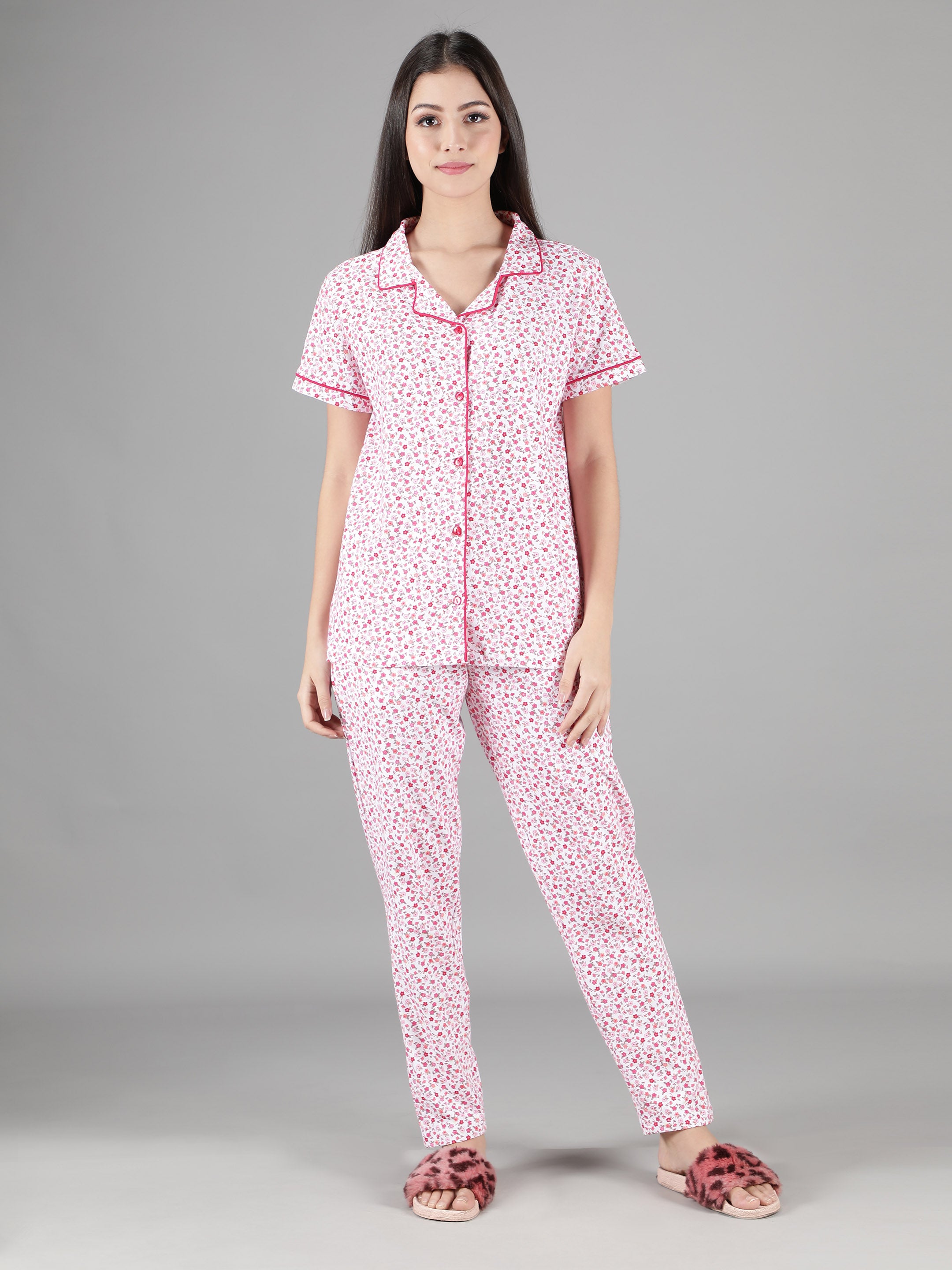 Women's White Pink Flowers Collar Style PJ Set - Blossoming & Comfortable Sleepwear