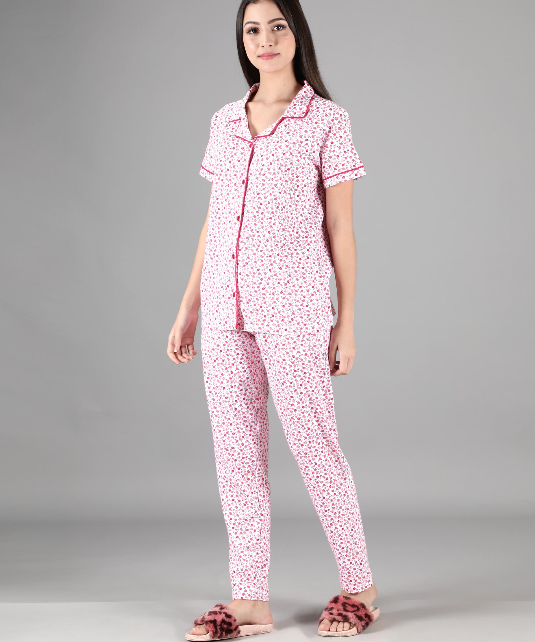 Women's White Pink Flowers Collar Style PJ Set - Blossoming & Comfortable Sleepwear