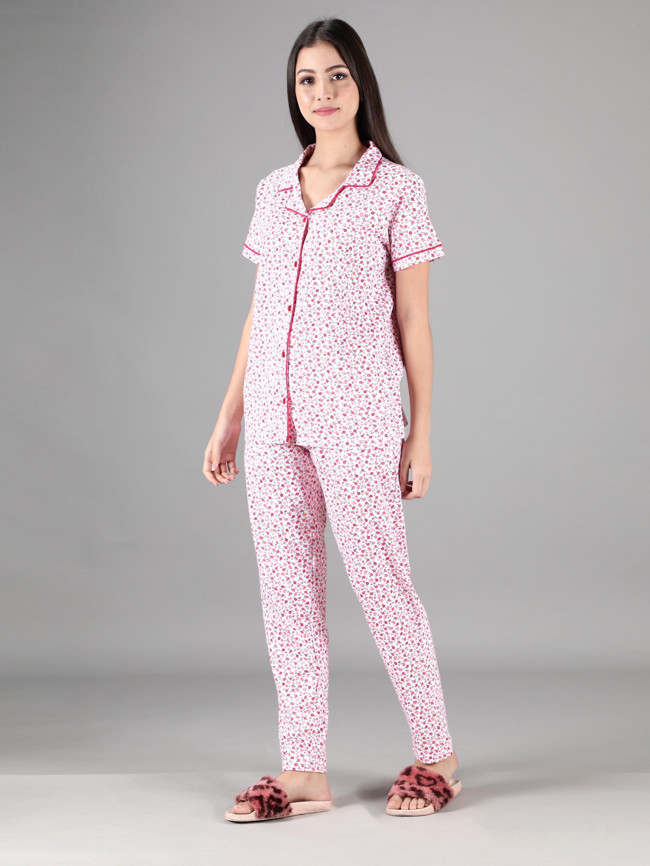 Women's White Pink Flowers Collar Style PJ Set - Blossoming & Comfortable Sleepwear