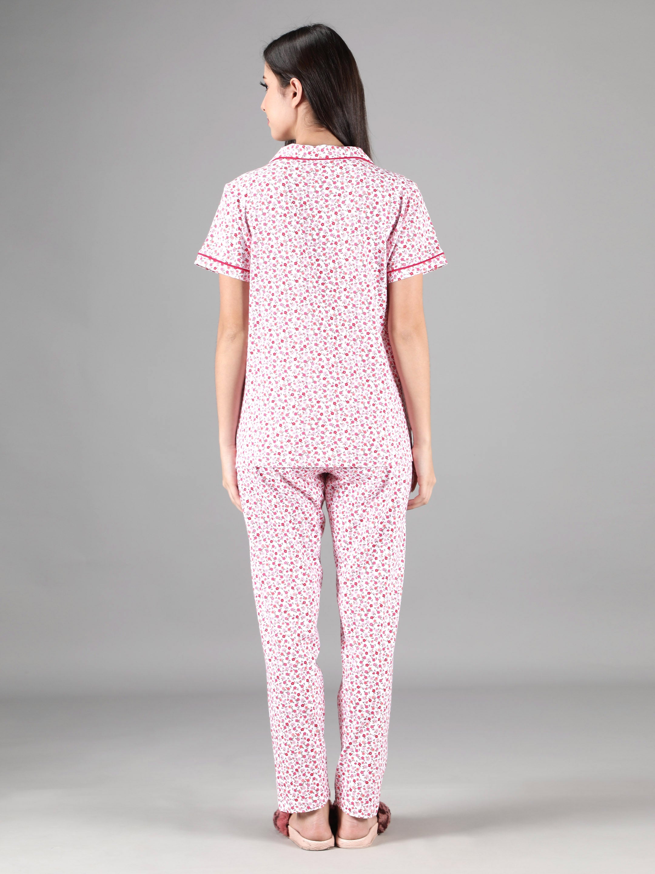 Women's White Pink Flowers Collar Style PJ Set - Blossoming & Comfortable Sleepwear