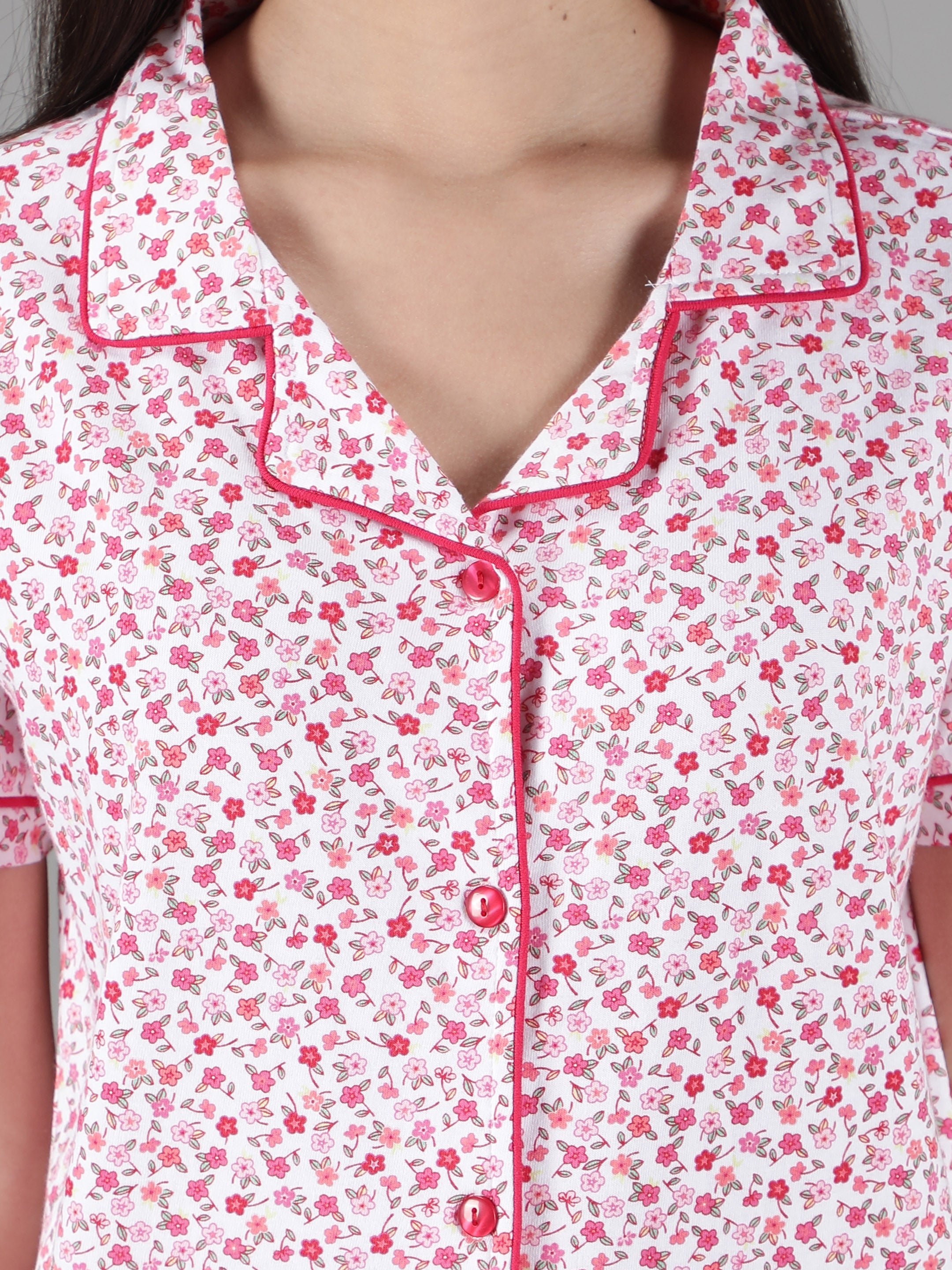 Women's White Pink Flowers Collar Style PJ Set - Blossoming & Comfortable Sleepwear