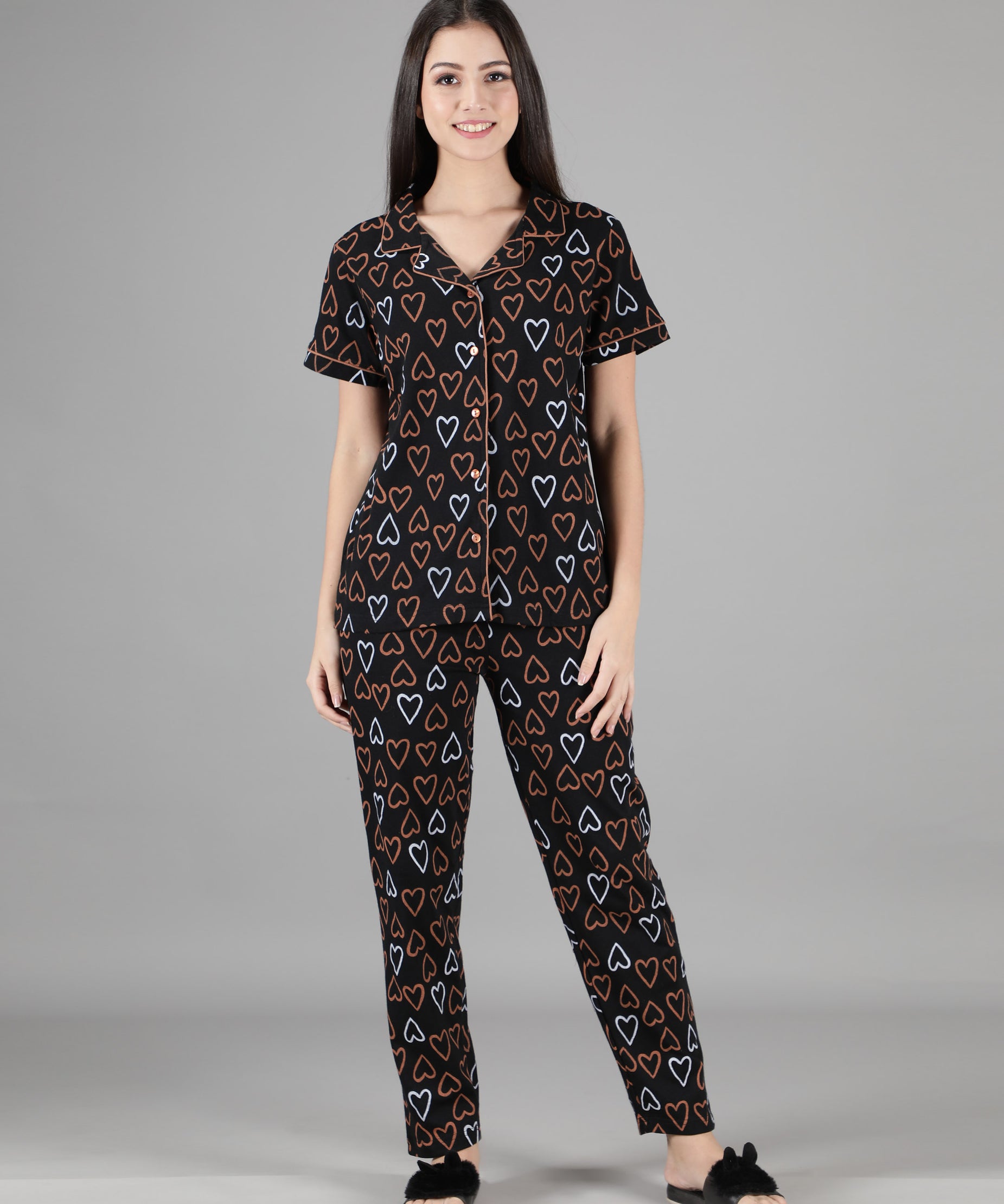 Women's Black Hearts Collar Style PJ Set - Chic & Comfortable Sleepwear