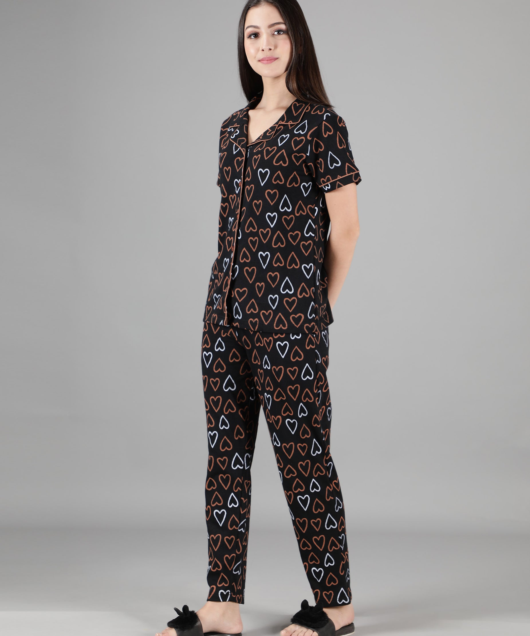Women's Black Hearts Collar Style PJ Set - Chic & Comfortable Sleepwear