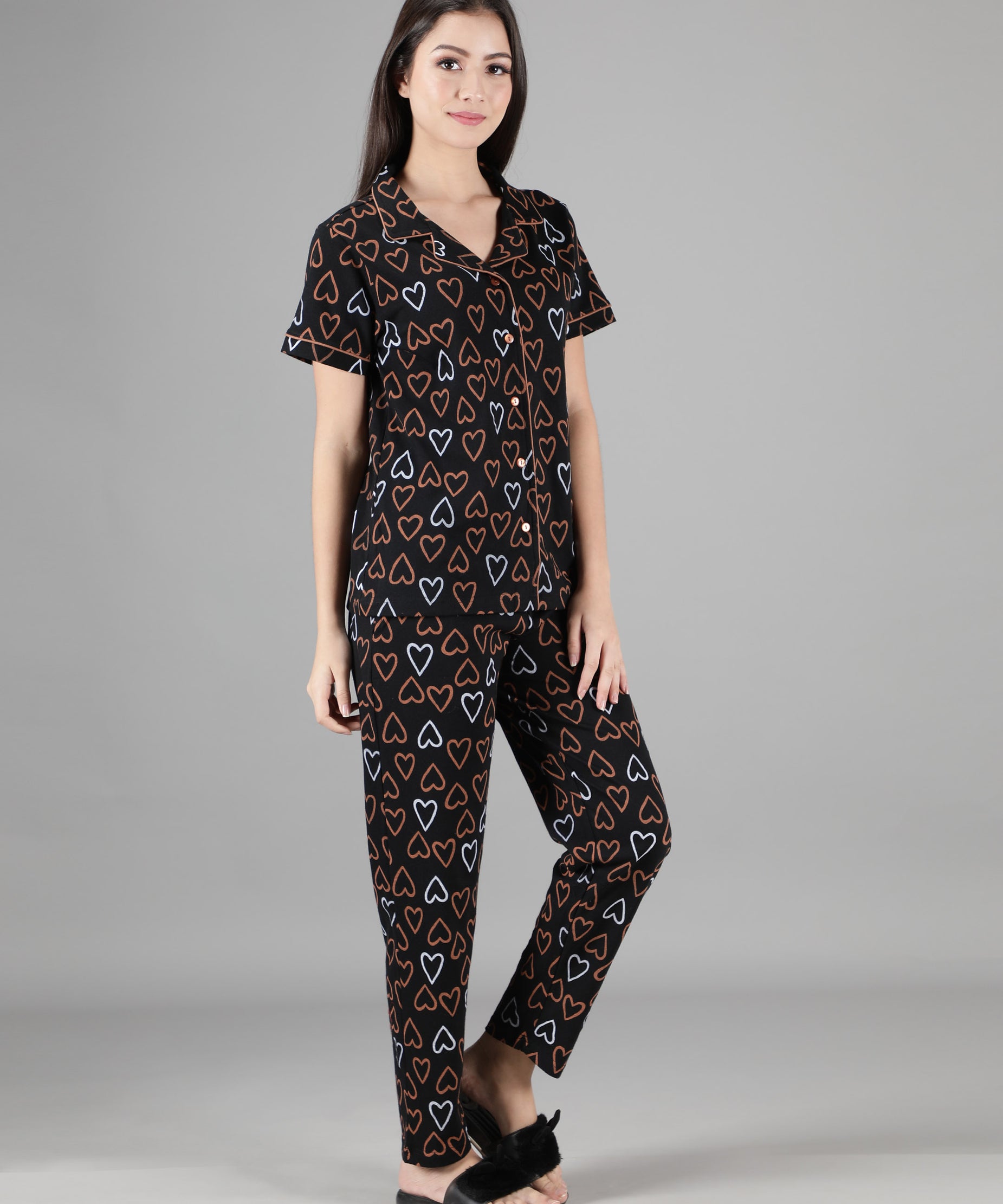 Women's Black Hearts Collar Style PJ Set - Chic & Comfortable Sleepwear