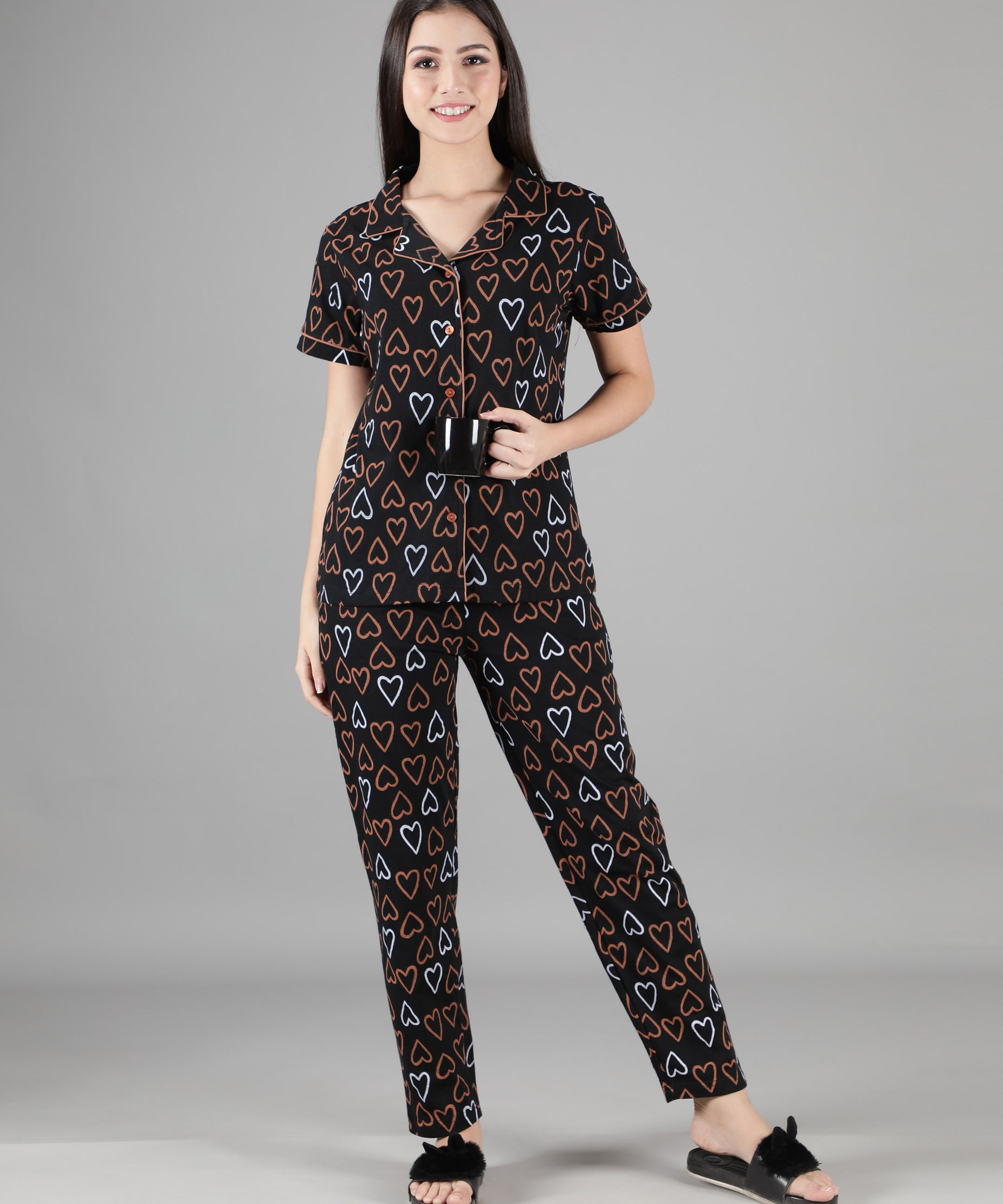 Women's Black Hearts Collar Style PJ Set - Chic & Comfortable Sleepwear