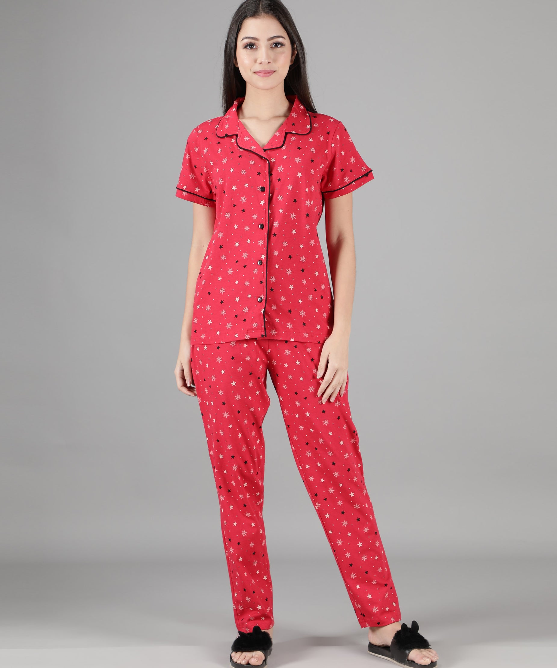 Women's Red Star Collar Style PJ Set - Celestial & Comfortable Sleepwear