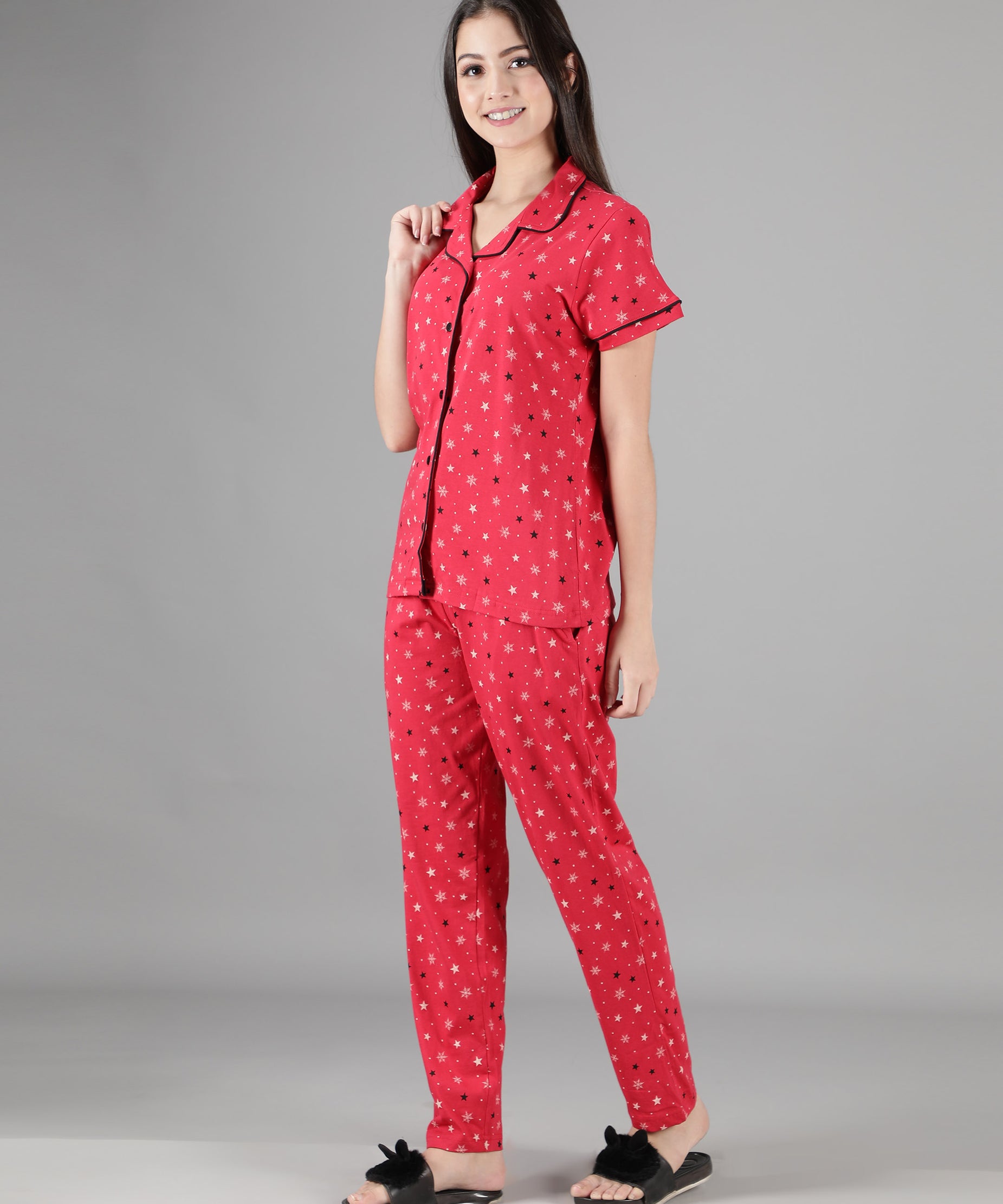 Women's Red Star Collar Style PJ Set - Celestial & Comfortable Sleepwear
