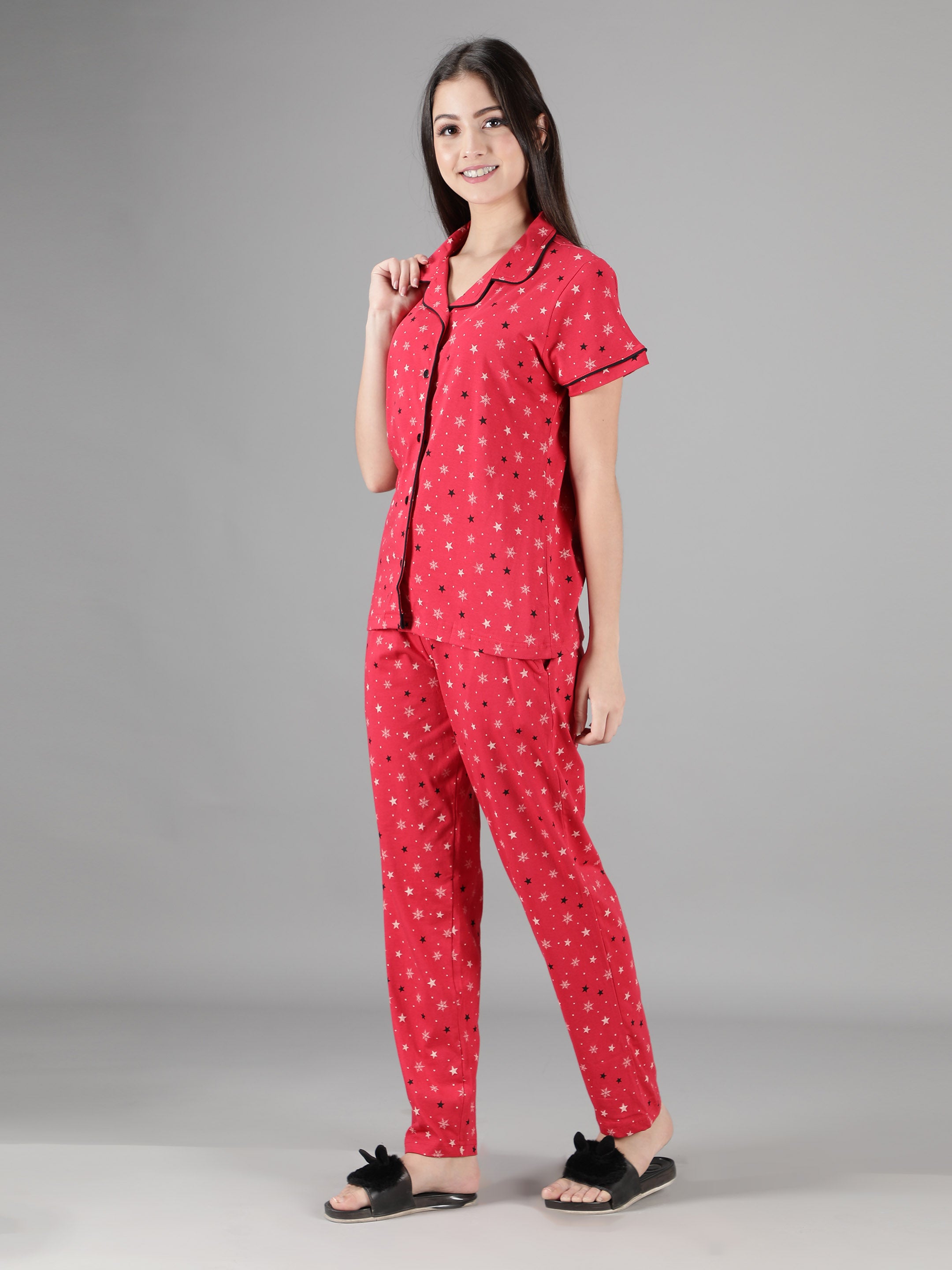 Women's Red Star Collar Style PJ Set - Celestial & Comfortable Sleepwear