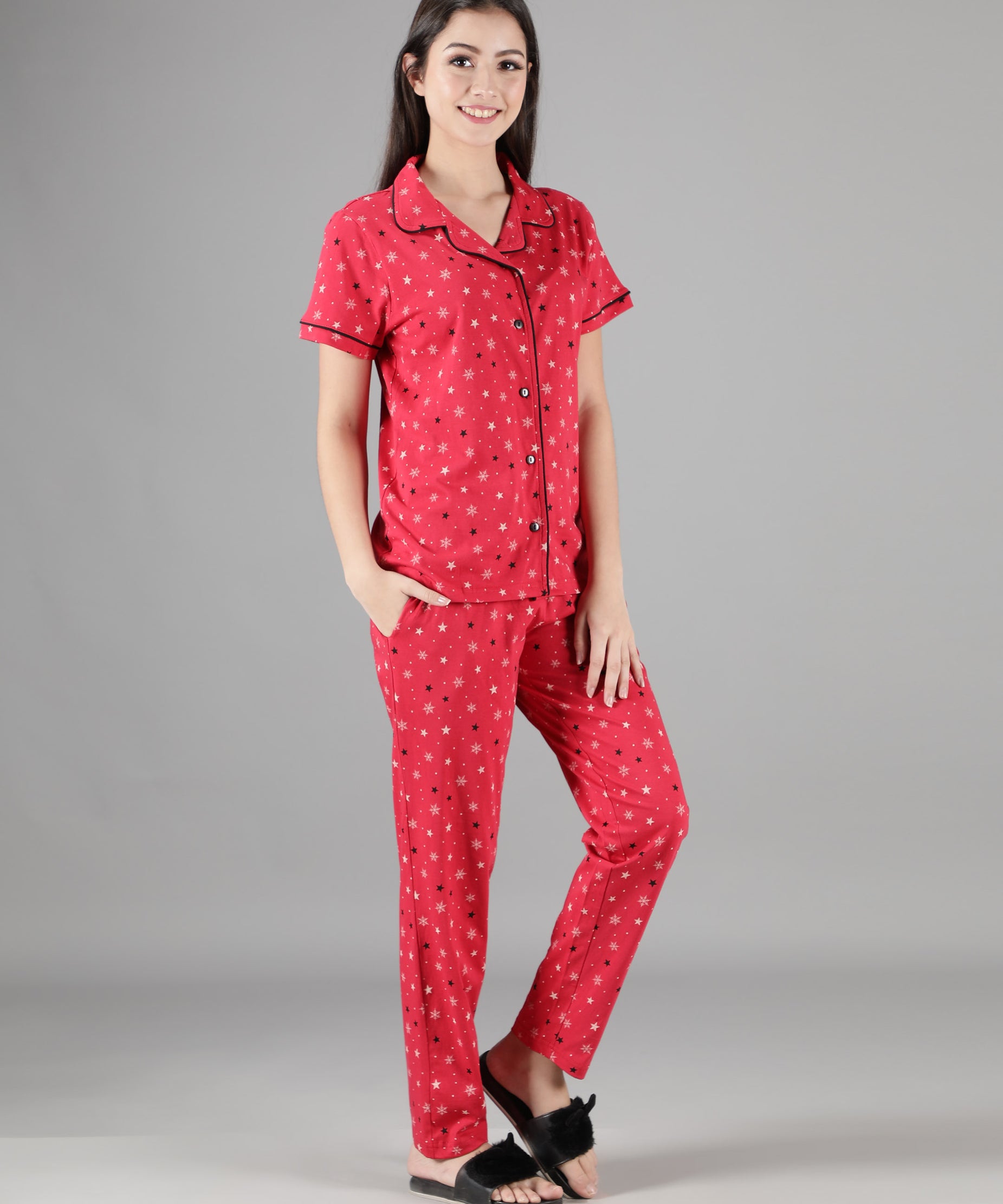 Women's Red Star Collar Style PJ Set - Celestial & Comfortable Sleepwear