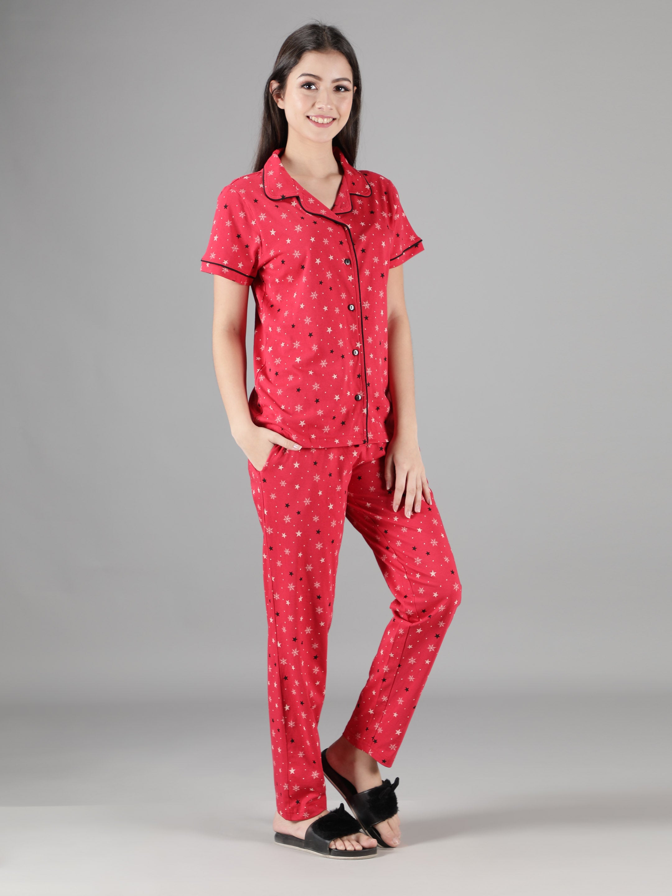 Women's Red Star Collar Style PJ Set - Celestial & Comfortable Sleepwear