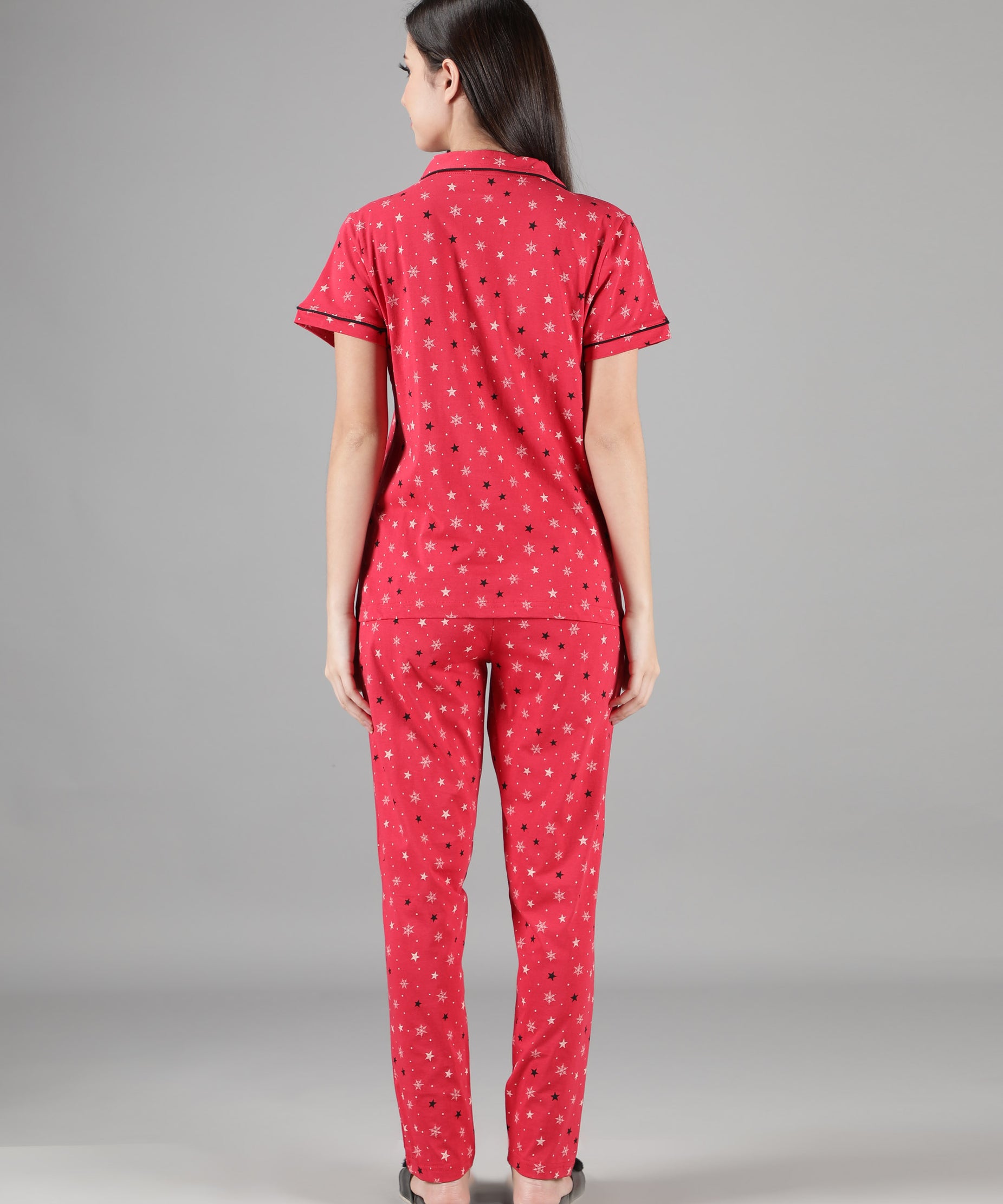 Women's Red Star Collar Style PJ Set - Celestial & Comfortable Sleepwear