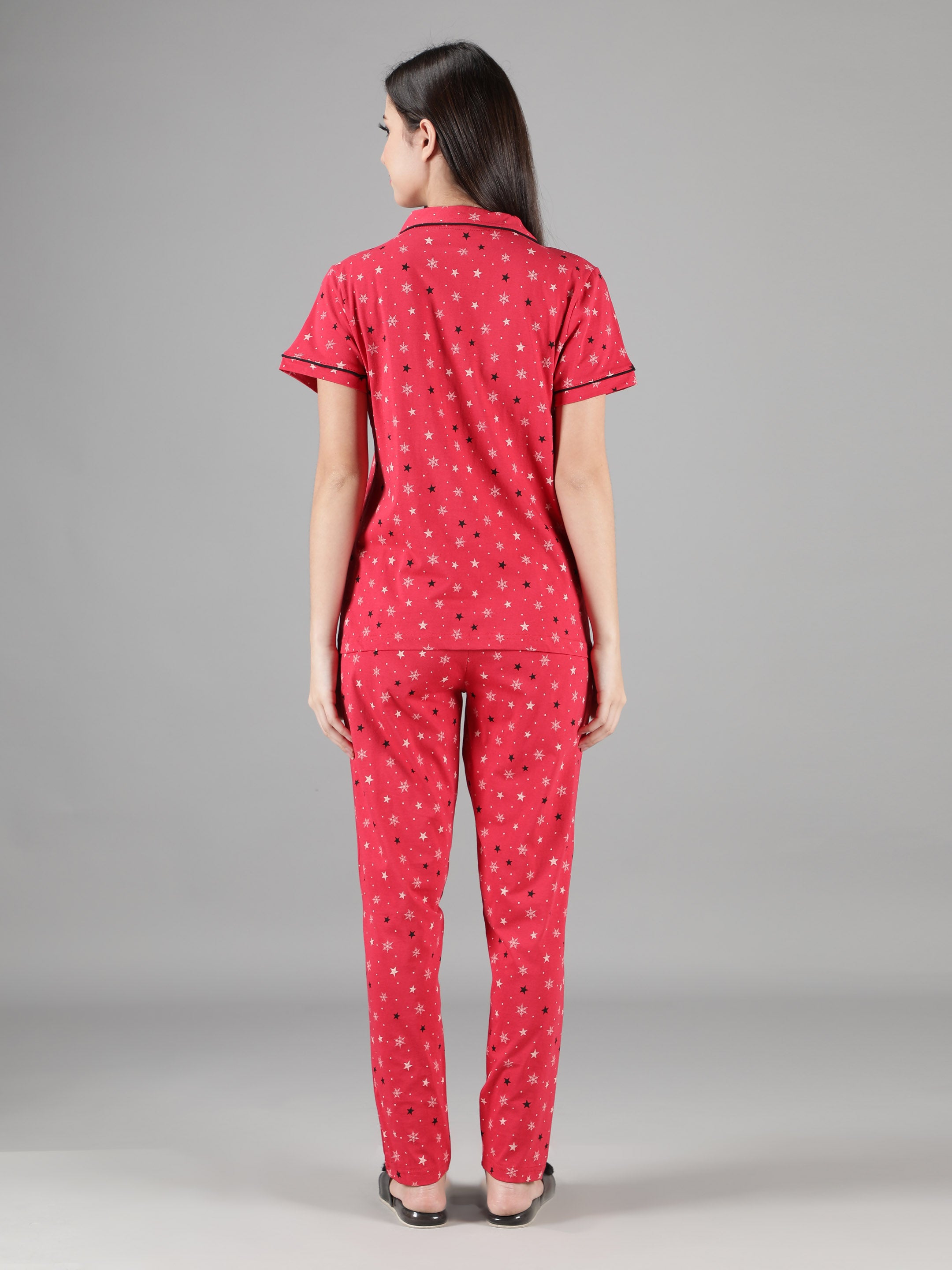 Women's Red Star Collar Style PJ Set - Celestial & Comfortable Sleepwear