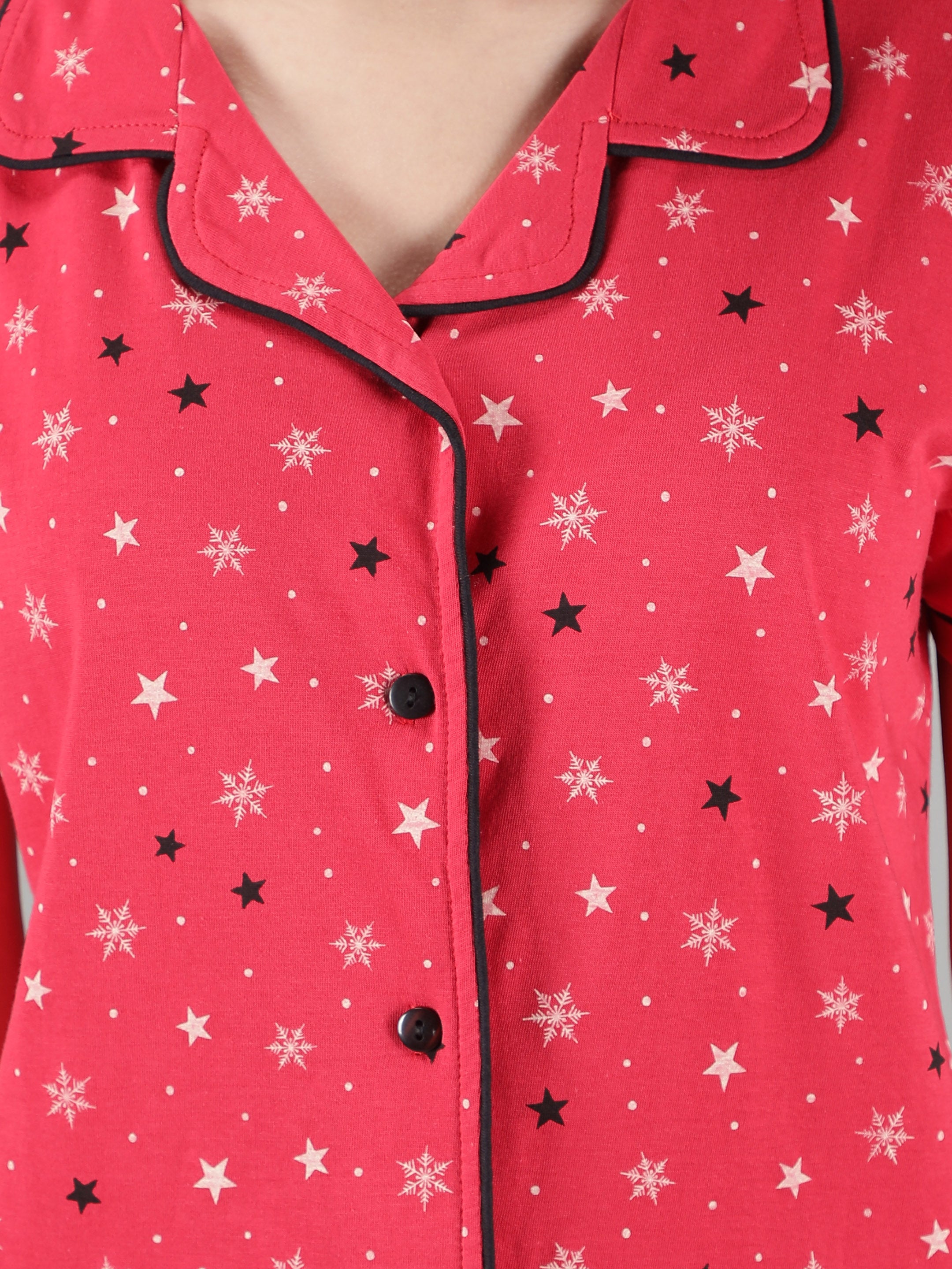 Women's Red Star Collar Style PJ Set - Celestial & Comfortable Sleepwear