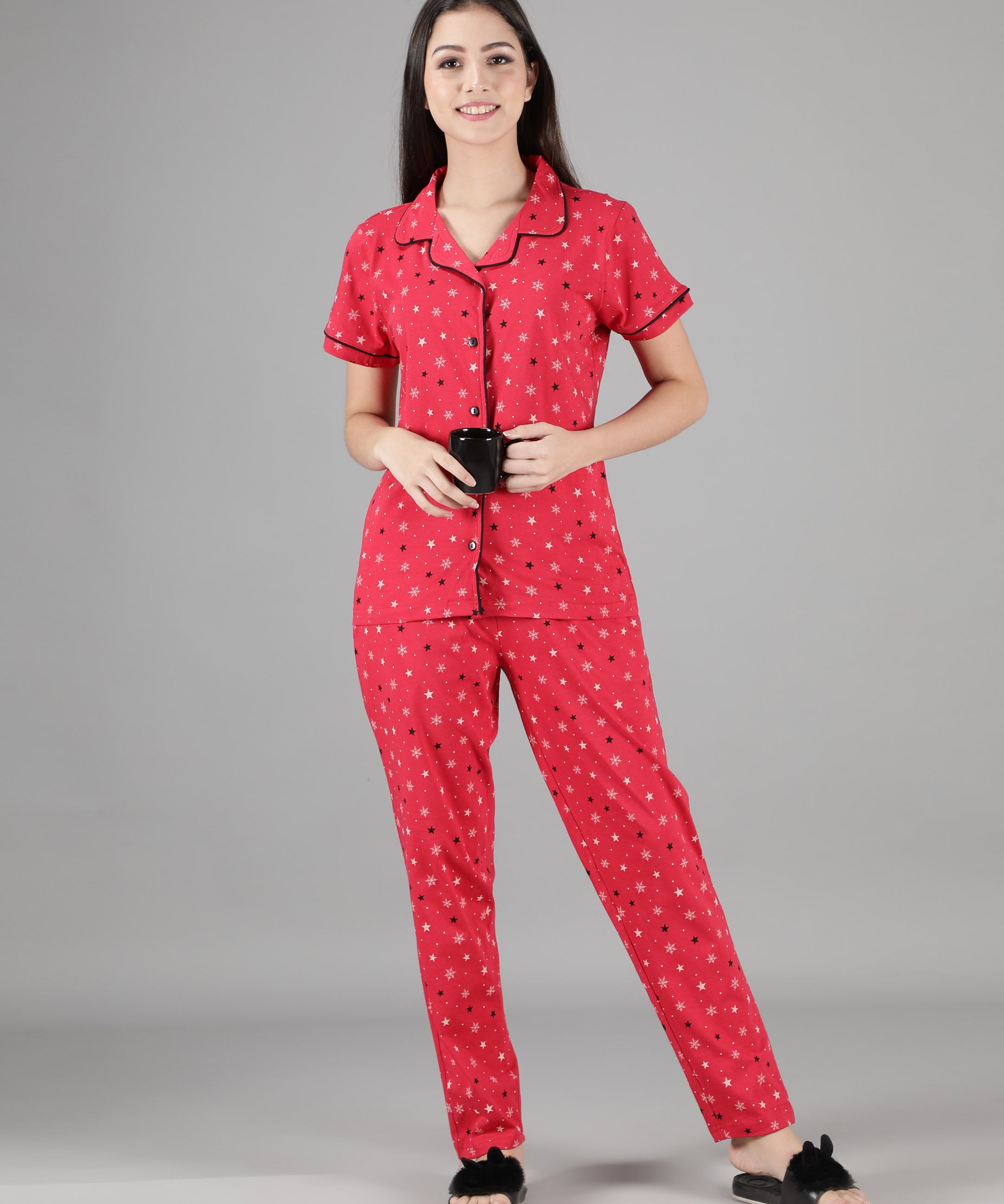 Women's Red Star Collar Style PJ Set - Celestial & Comfortable Sleepwear