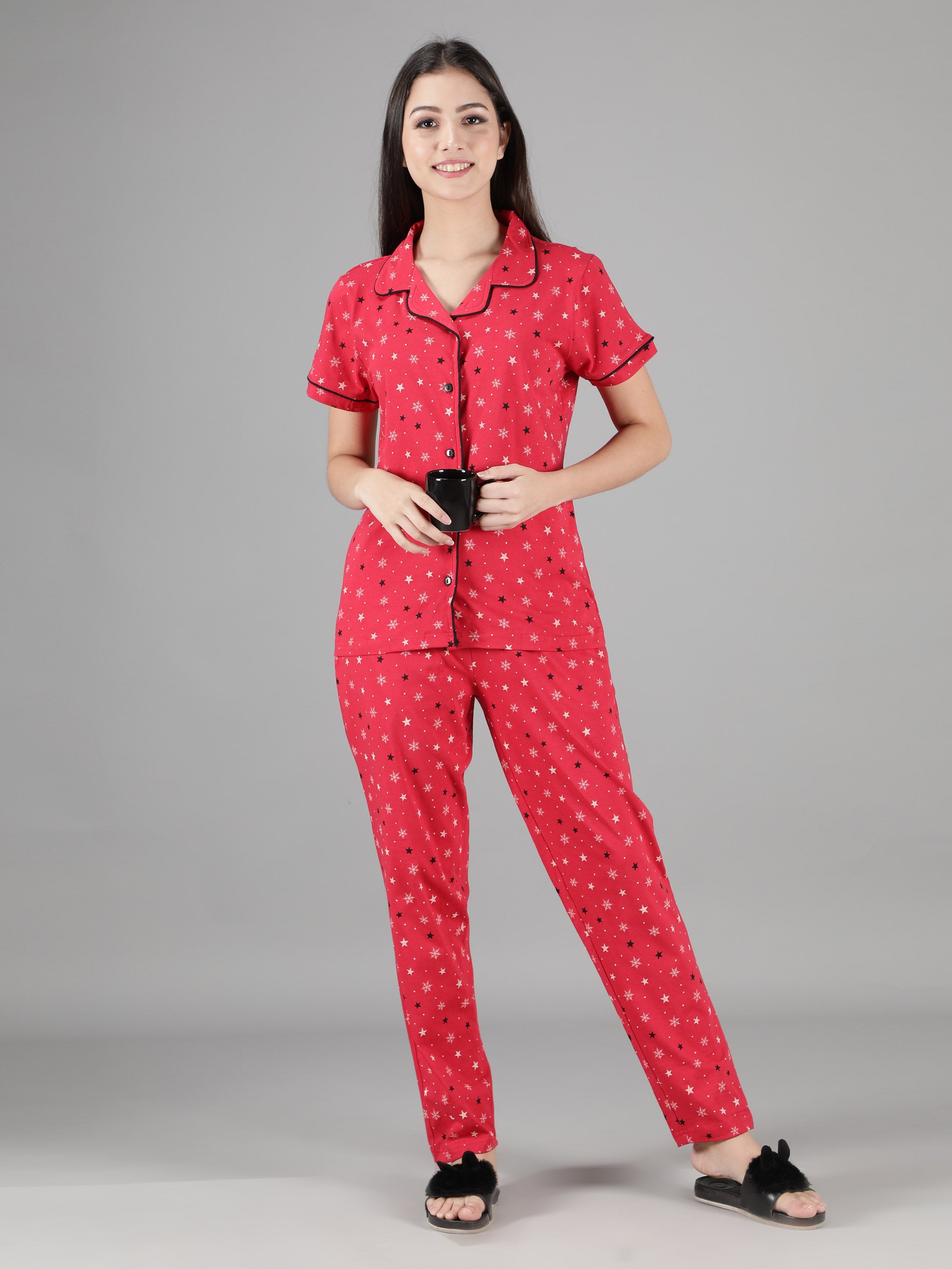 Women's Red Star Collar Style PJ Set - Celestial & Comfortable Sleepwear