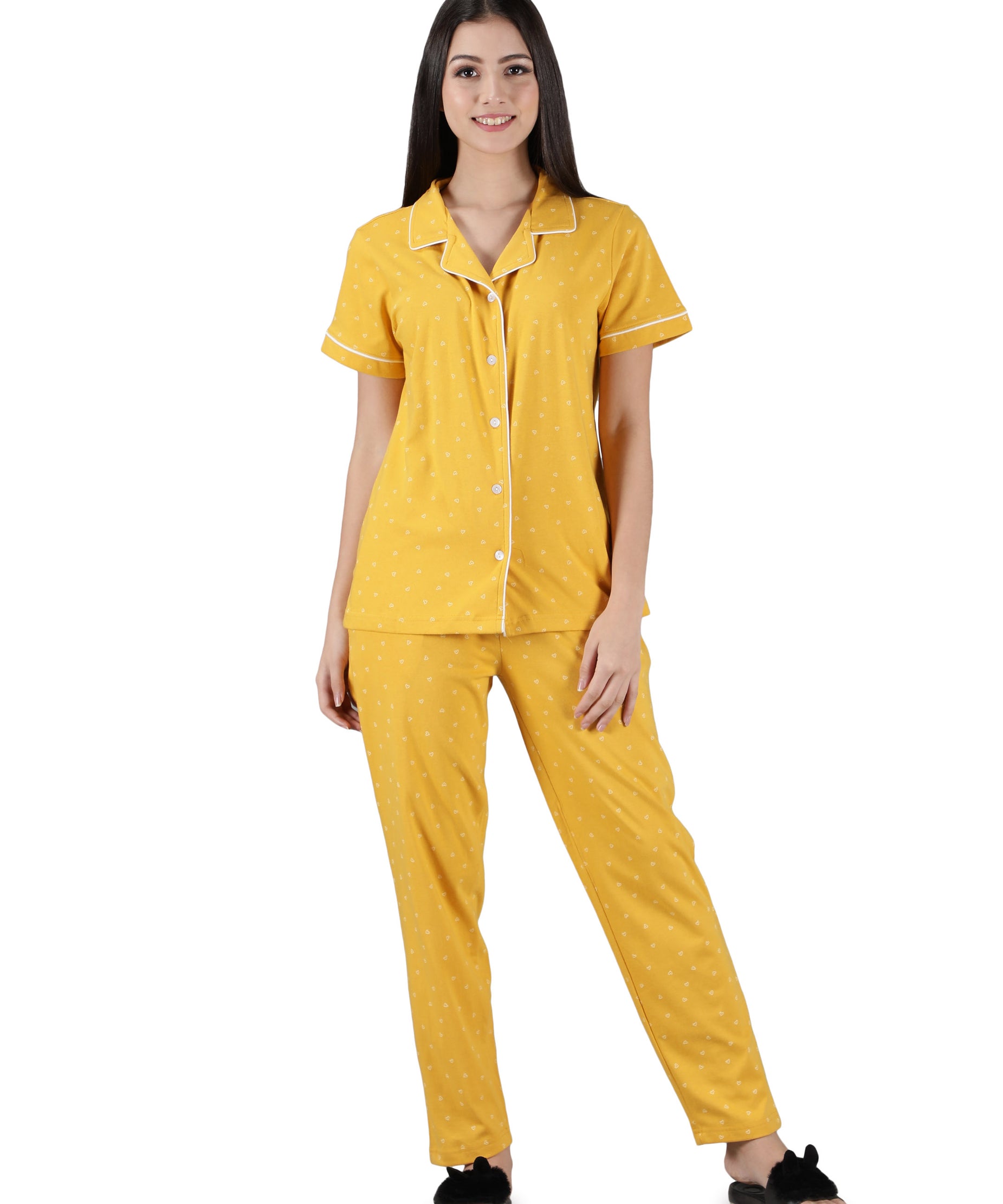 Women's Yellow White Hearts Collar Style PJ Set - Cheerful & Comfortable Sleepwear