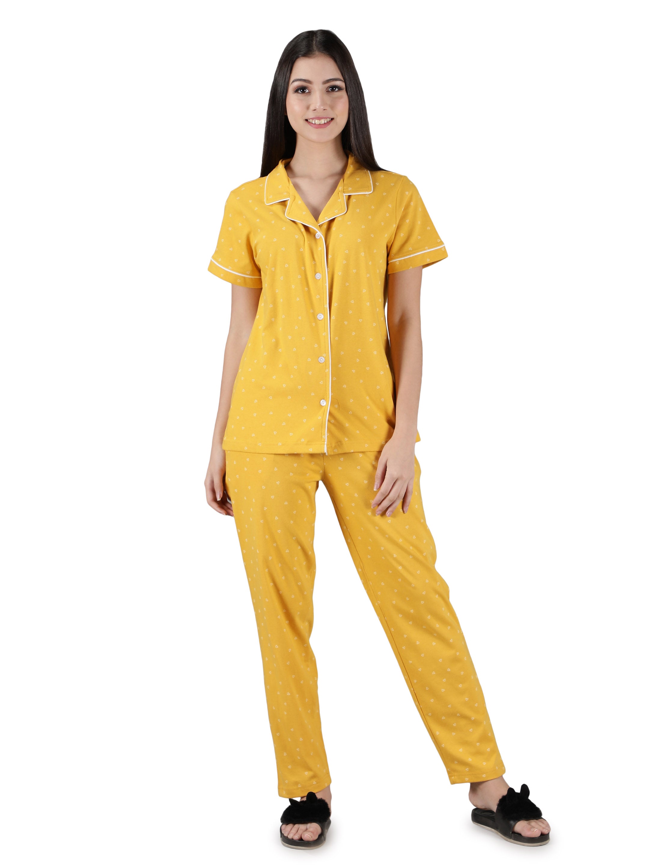 Women's Yellow White Hearts Collar Style PJ Set - Cheerful & Comfortable Sleepwear