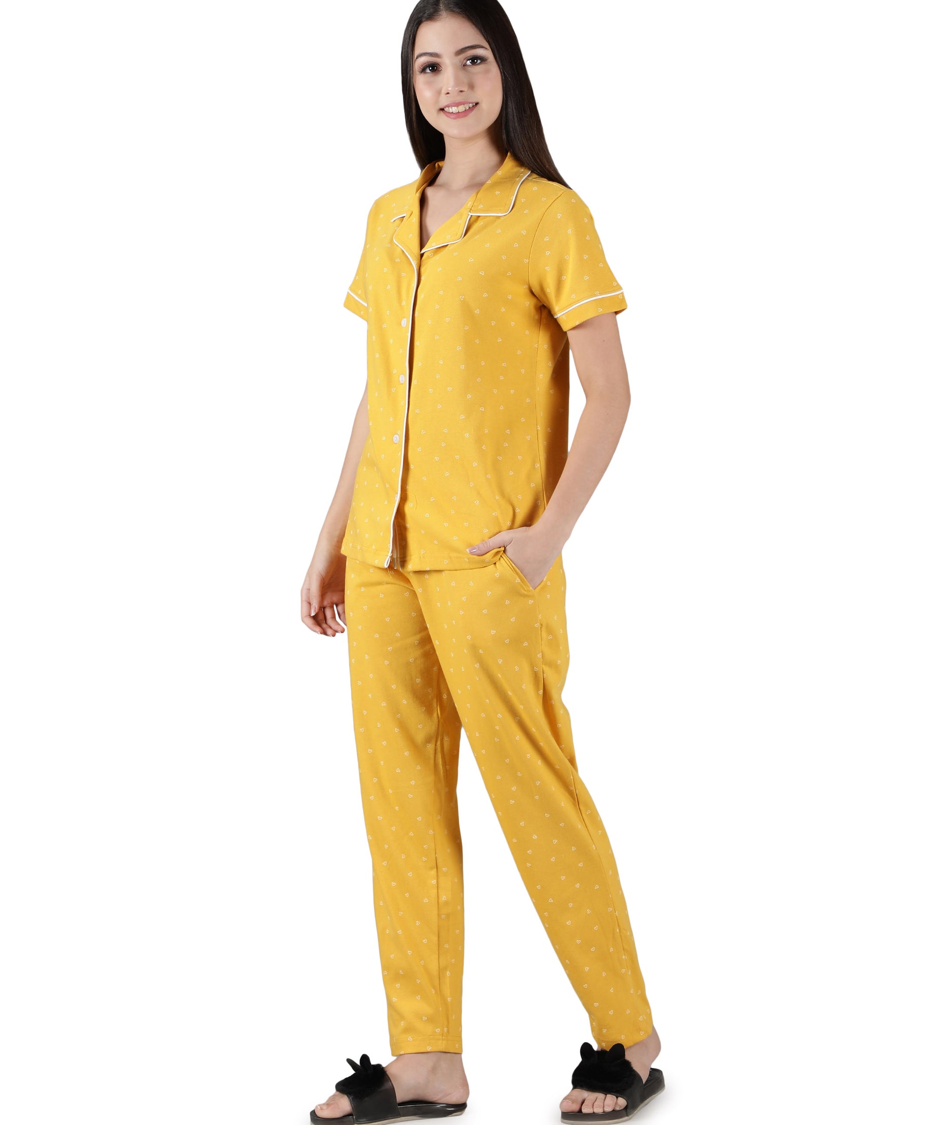 Women's Yellow White Hearts Collar Style PJ Set - Cheerful & Comfortable Sleepwear
