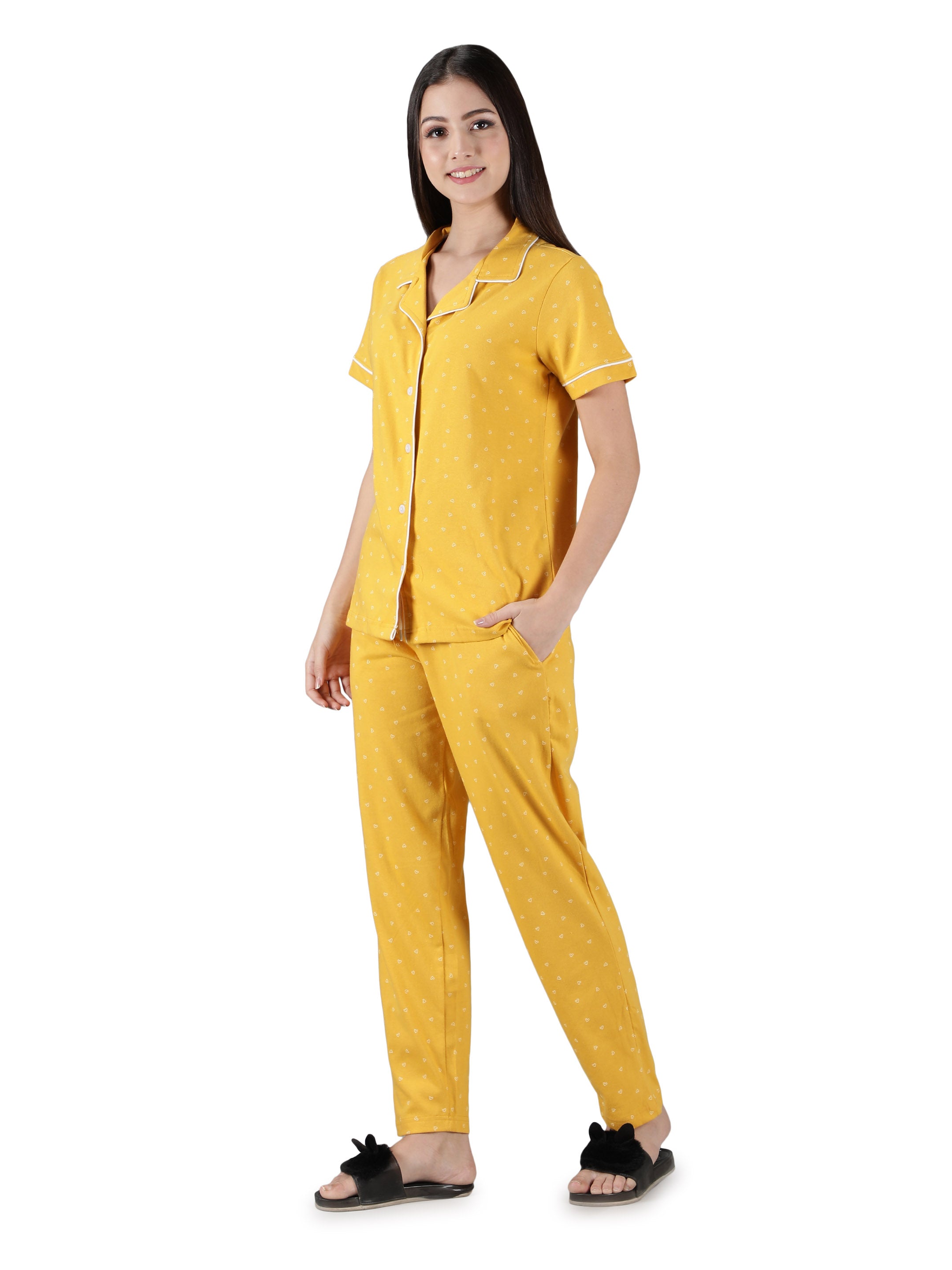 Women's Yellow White Hearts Collar Style PJ Set - Cheerful & Comfortable Sleepwear