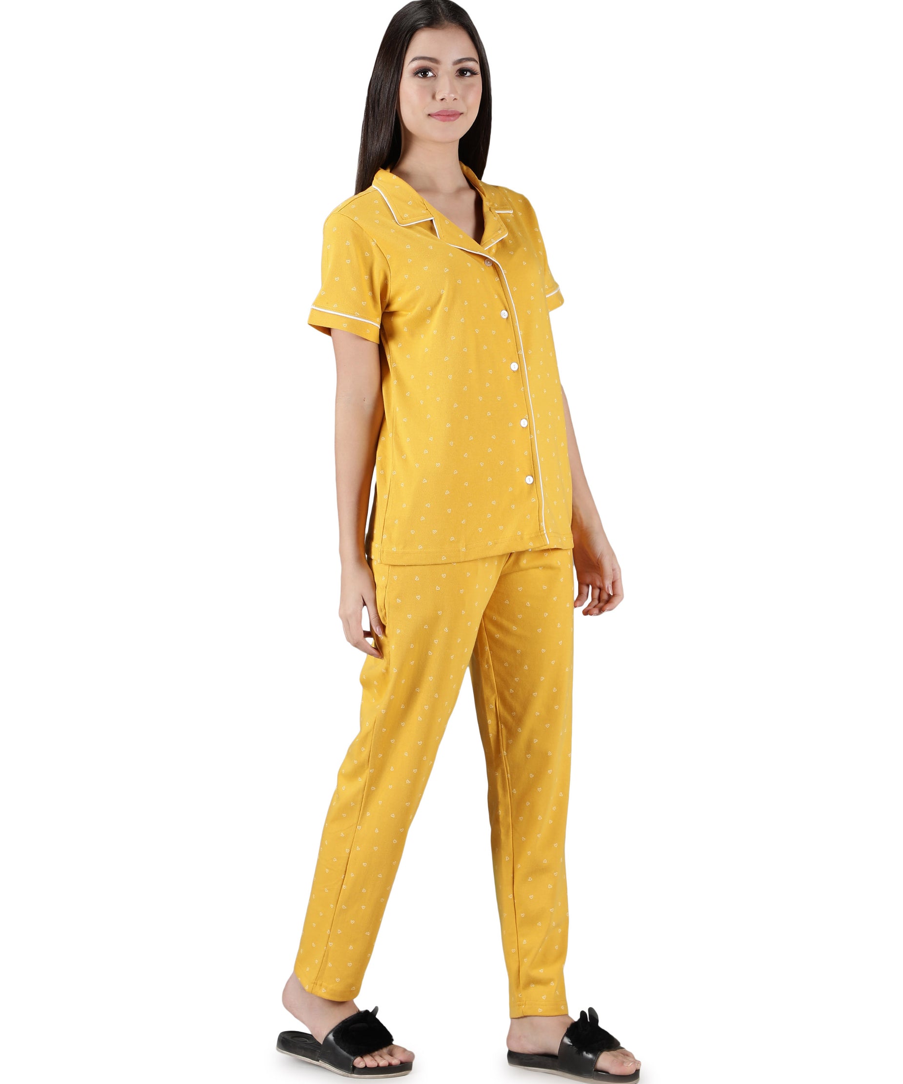 Women's Yellow White Hearts Collar Style PJ Set - Cheerful & Comfortable Sleepwear