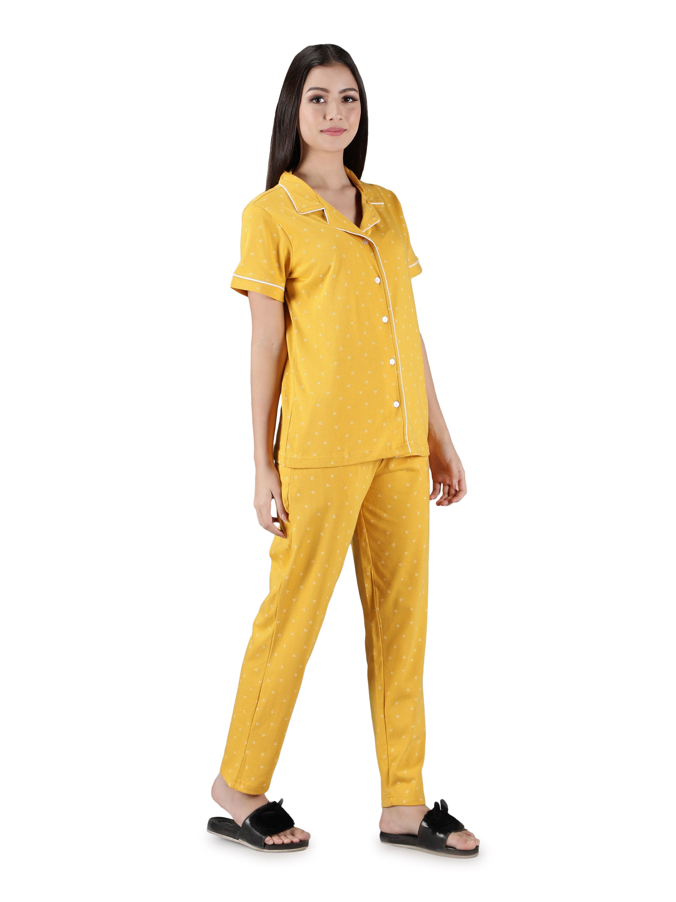 Women's Yellow White Hearts Collar Style PJ Set - Cheerful & Comfortable Sleepwear