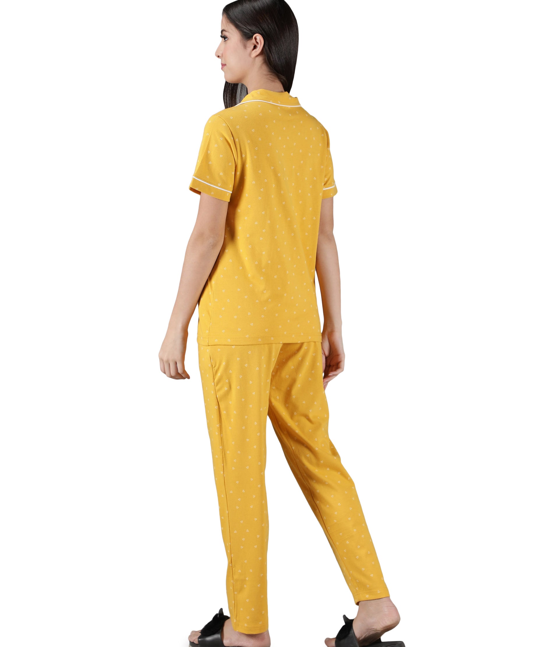 Women's Yellow White Hearts Collar Style PJ Set - Cheerful & Comfortable Sleepwear