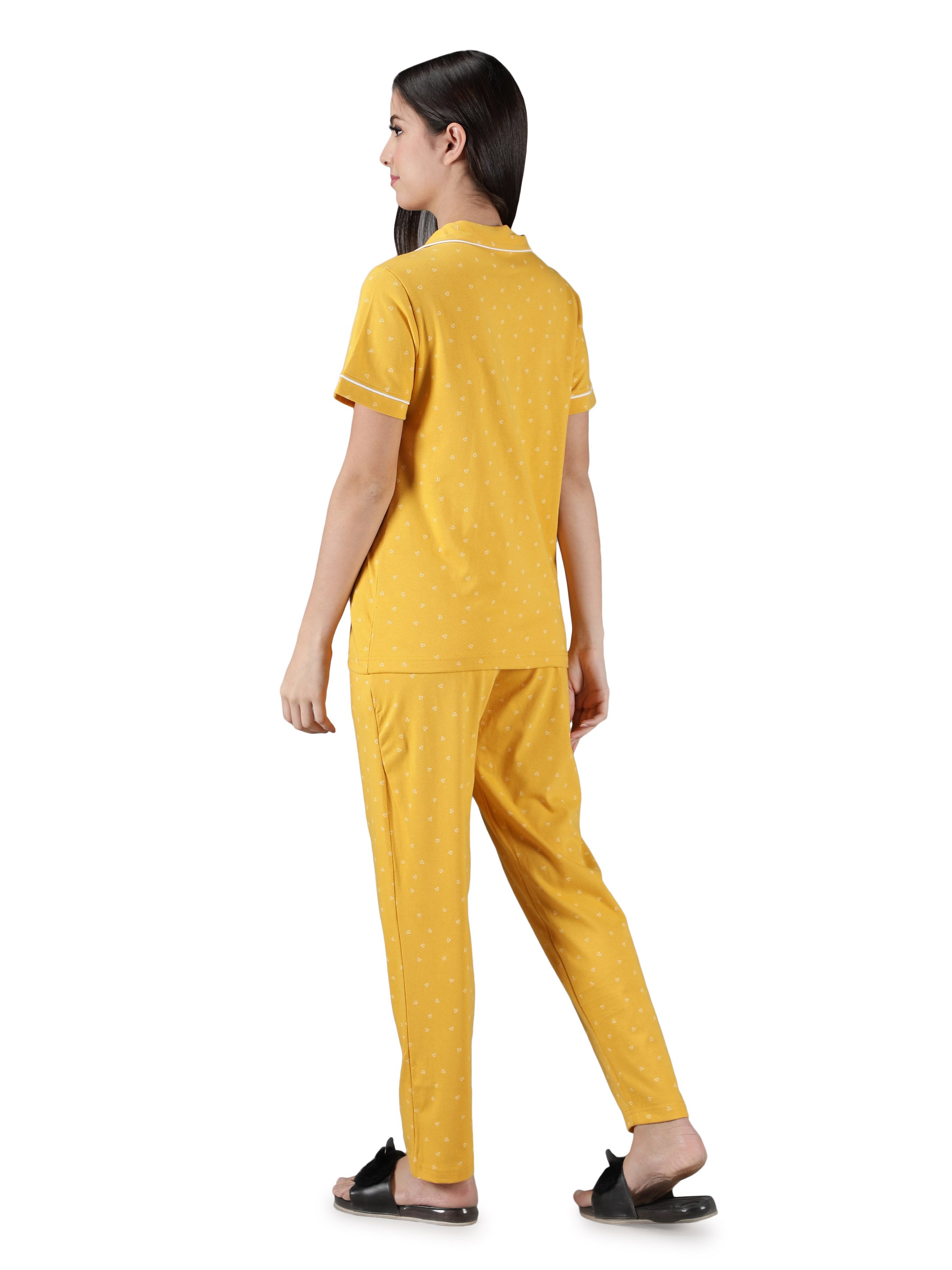 Women's Yellow White Hearts Collar Style PJ Set - Cheerful & Comfortable Sleepwear