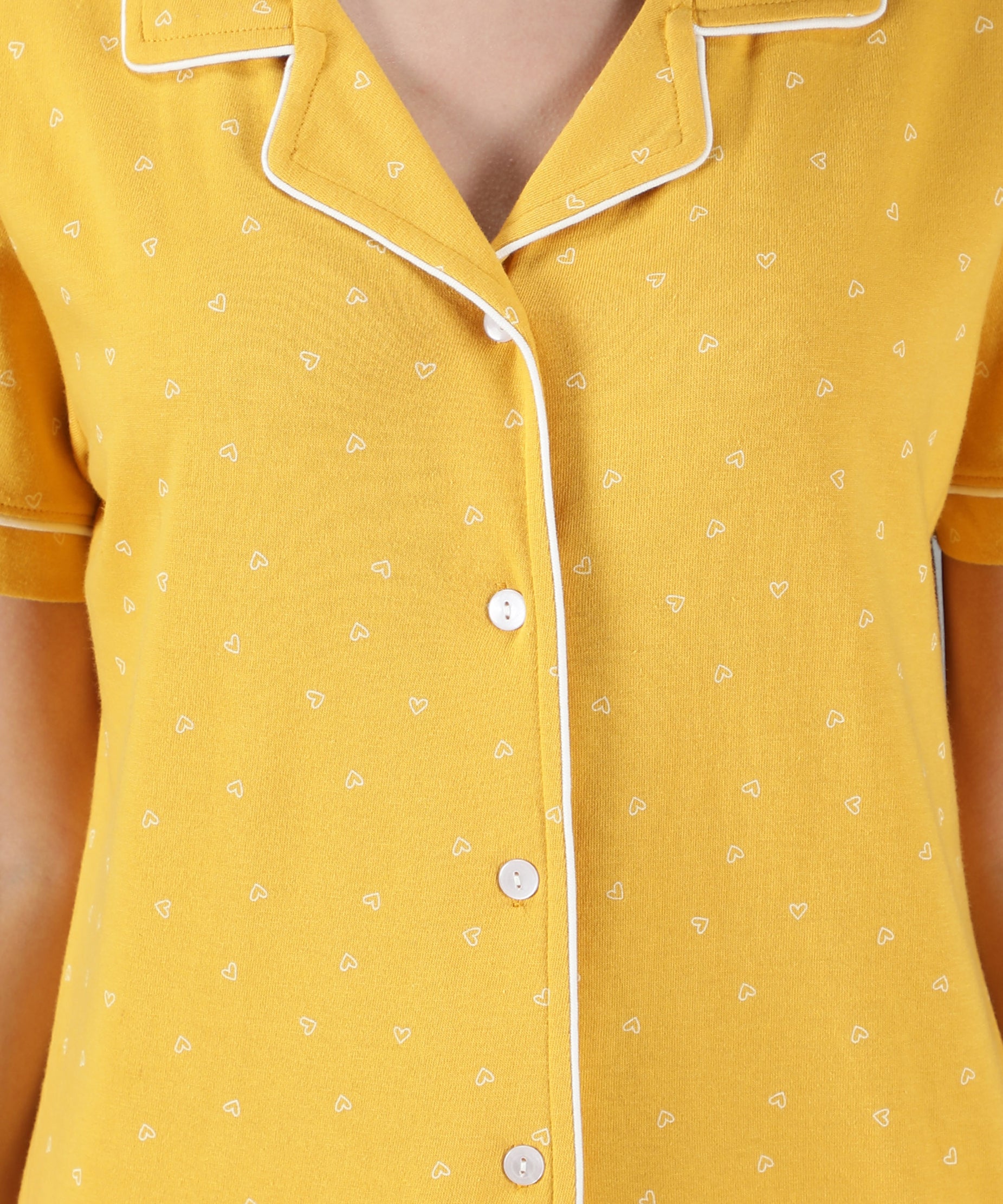 Women's Yellow White Hearts Collar Style PJ Set - Cheerful & Comfortable Sleepwear