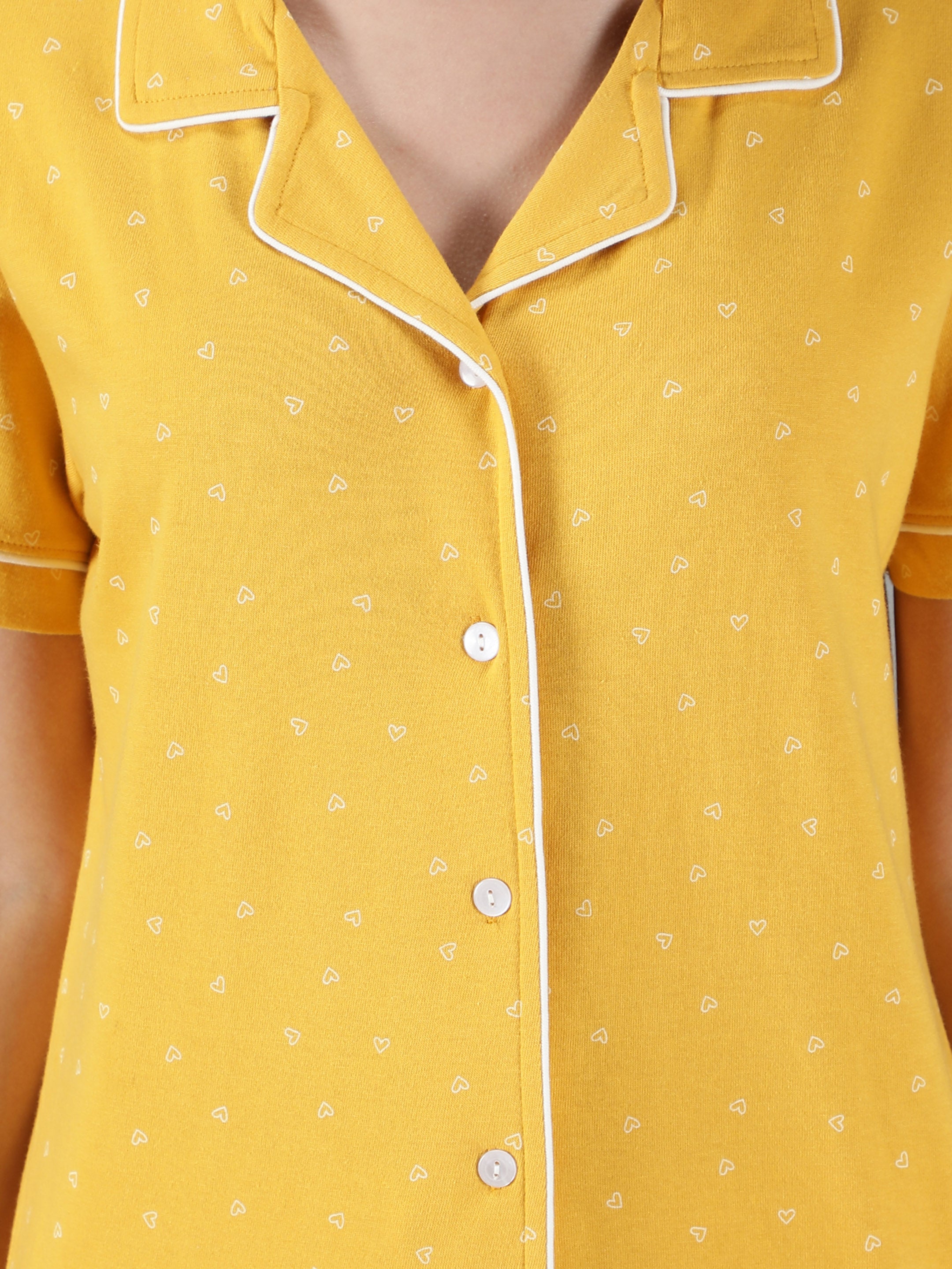 Women's Yellow White Hearts Collar Style PJ Set - Cheerful & Comfortable Sleepwear