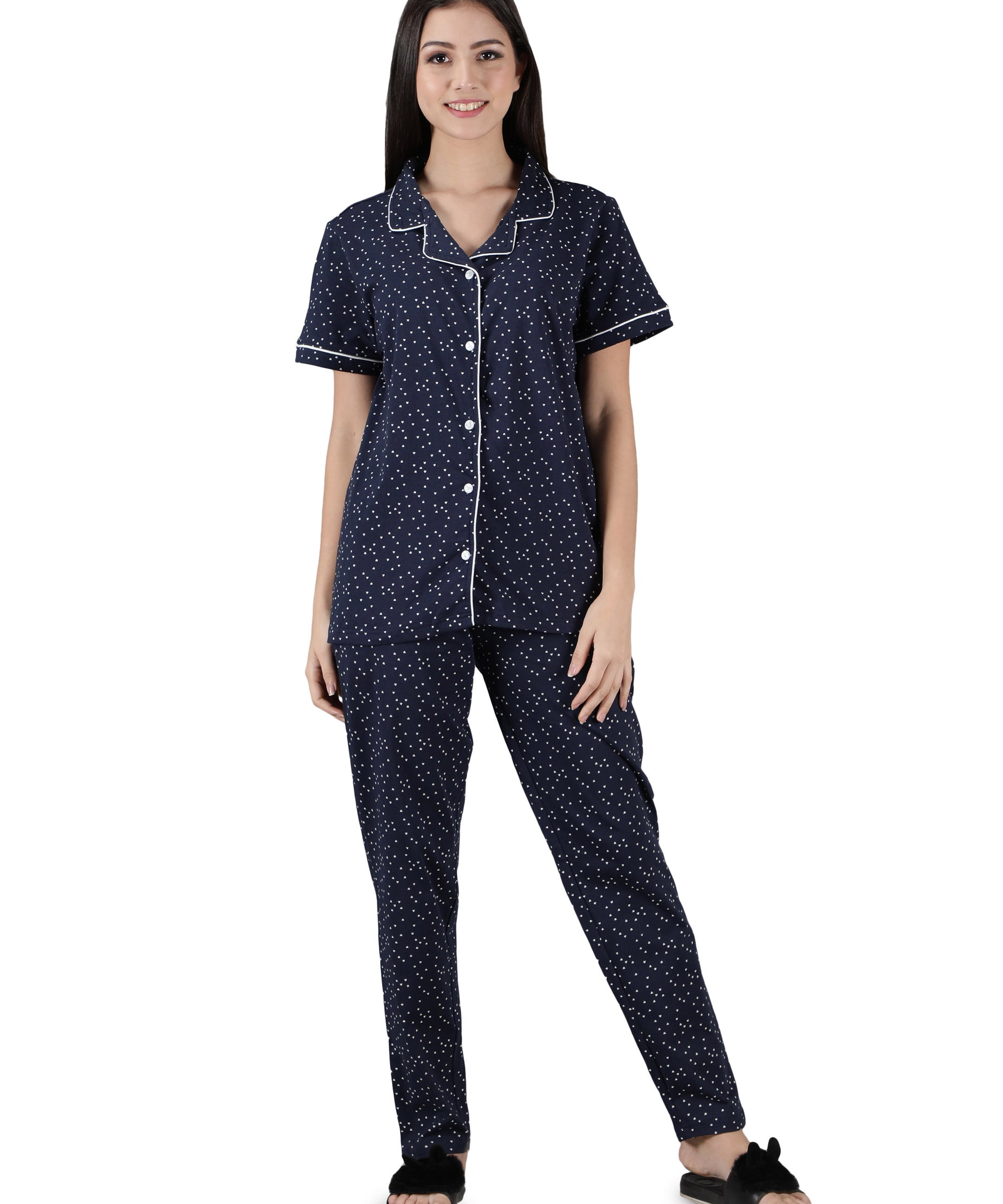 Women's Navy White Hearts Collar Style PJ Set - Romantic & Comfortable Sleepwear