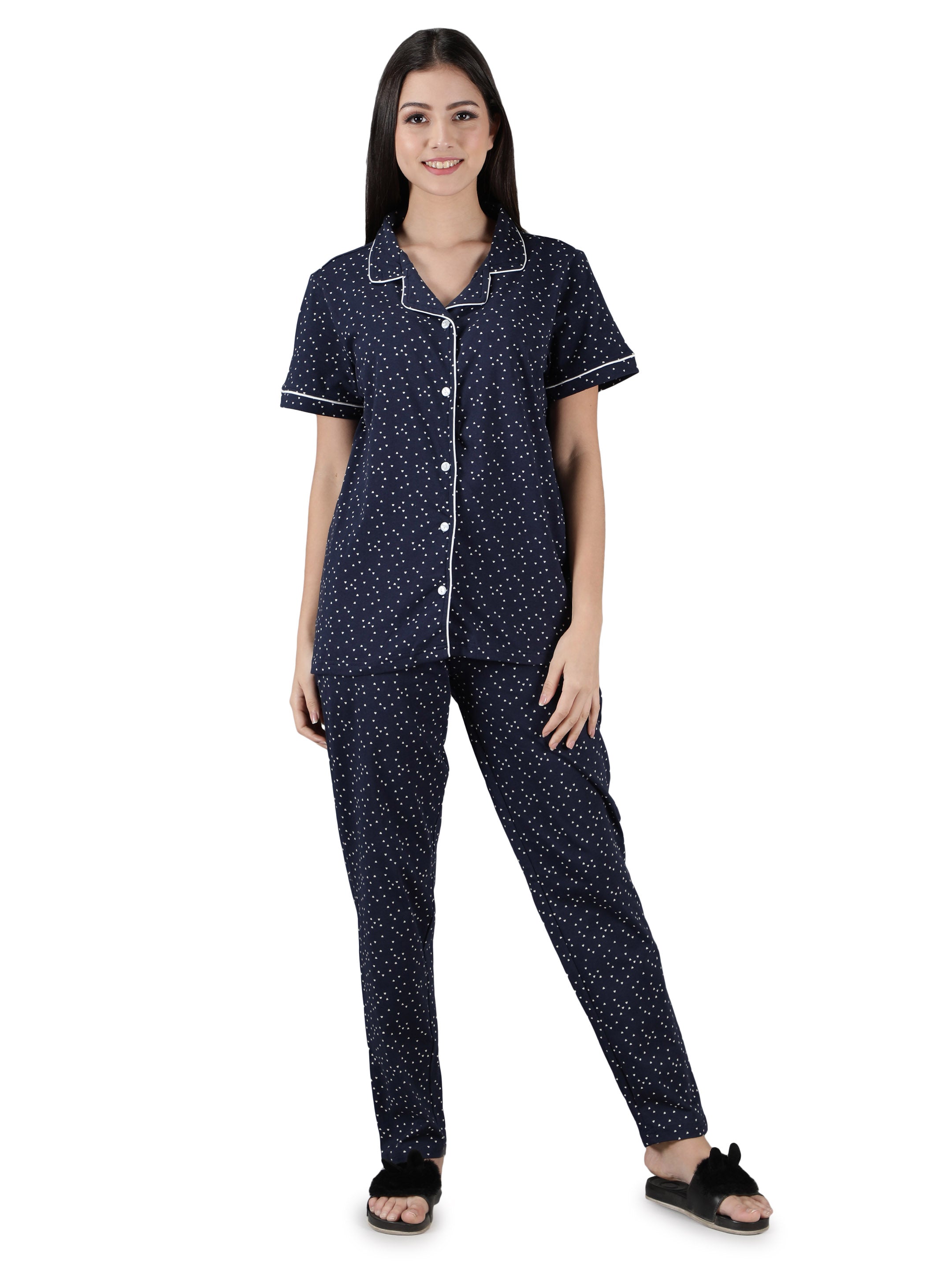 Women's Navy White Hearts Collar Style PJ Set - Romantic & Comfortable Sleepwear