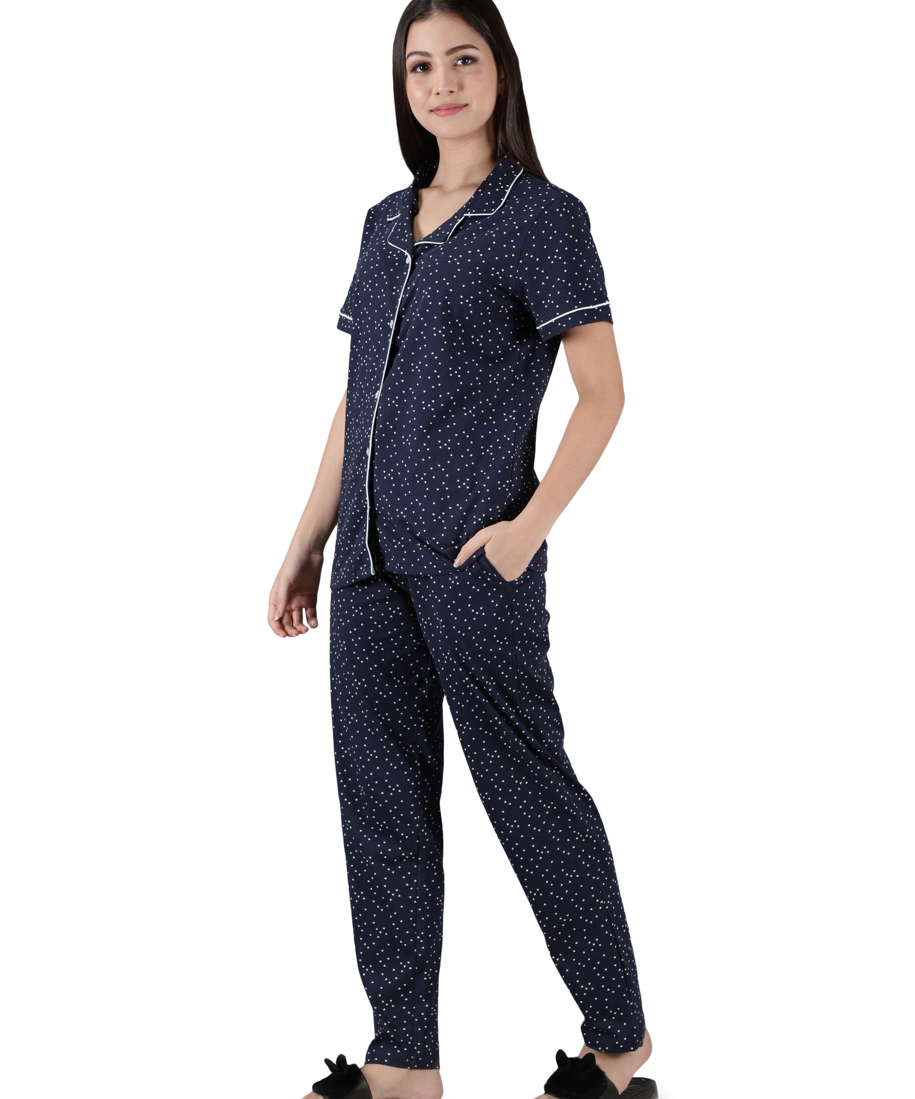 Women's Navy White Hearts Collar Style PJ Set - Romantic & Comfortable Sleepwear