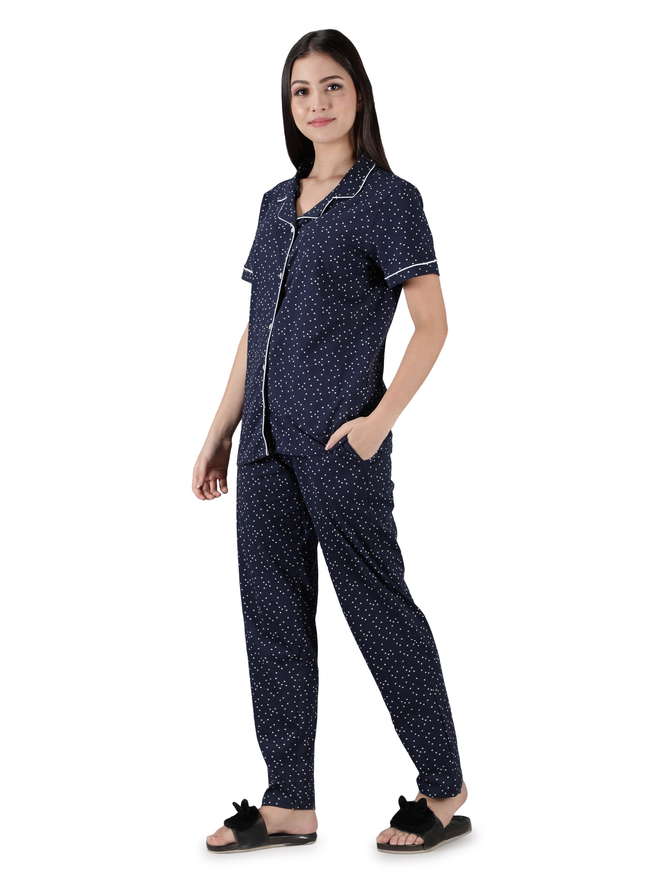 Women's Navy White Hearts Collar Style PJ Set - Romantic & Comfortable Sleepwear