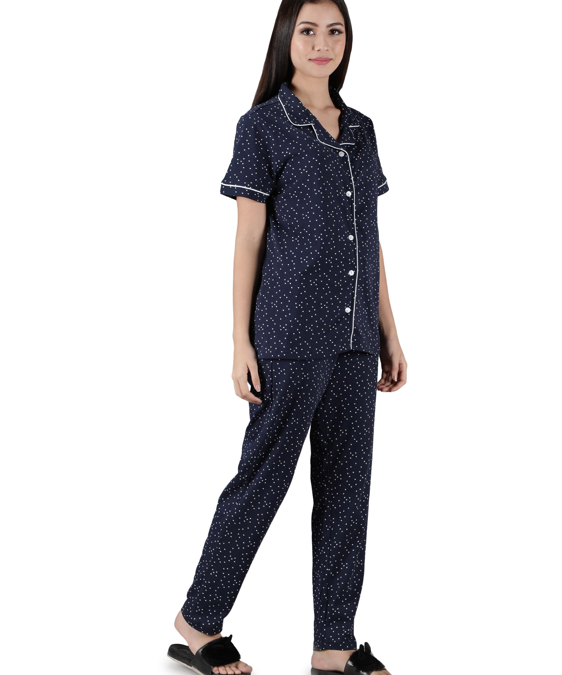 Women's Navy White Hearts Collar Style PJ Set - Romantic & Comfortable Sleepwear