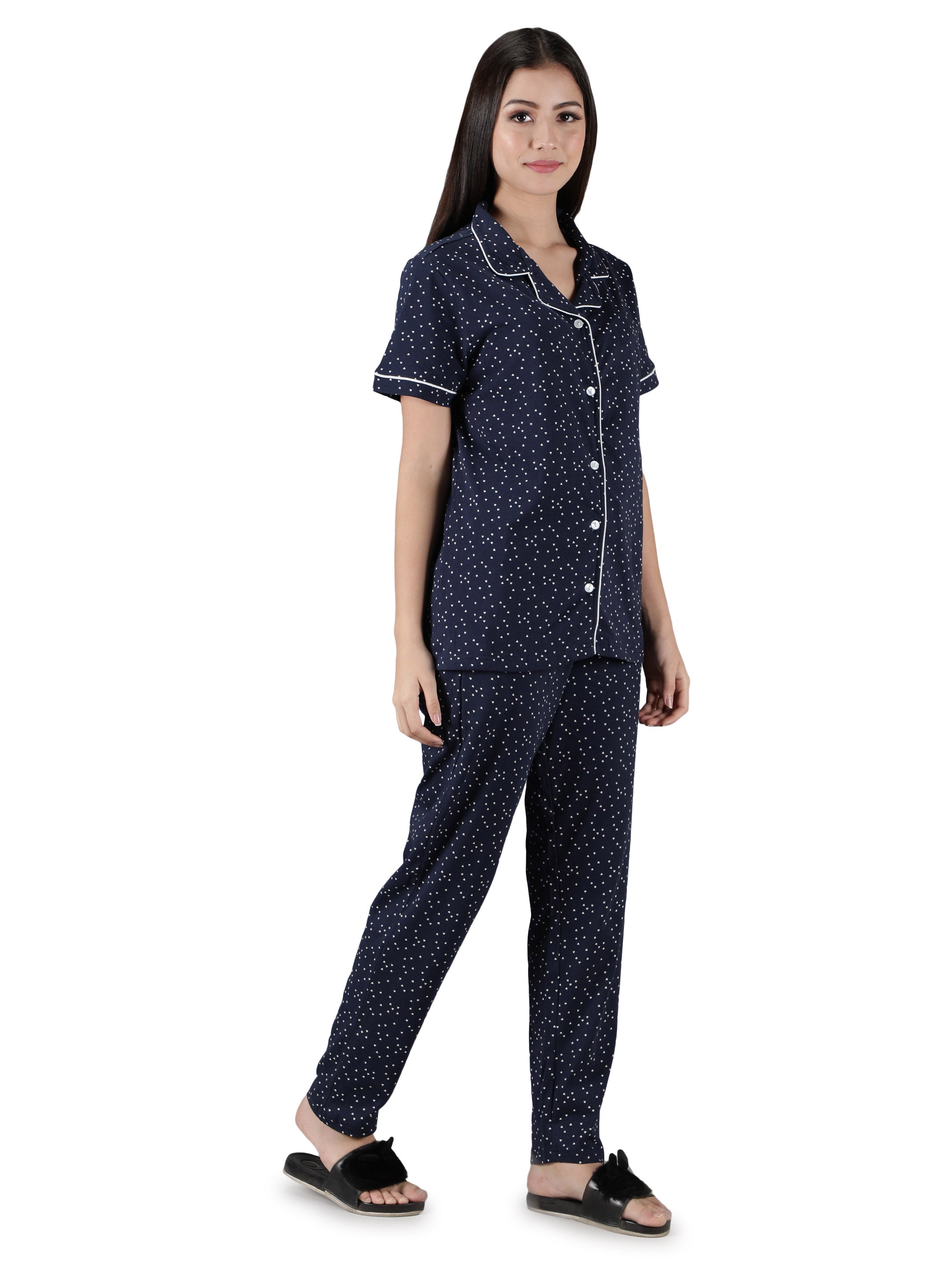 Women's Navy White Hearts Collar Style PJ Set - Romantic & Comfortable Sleepwear