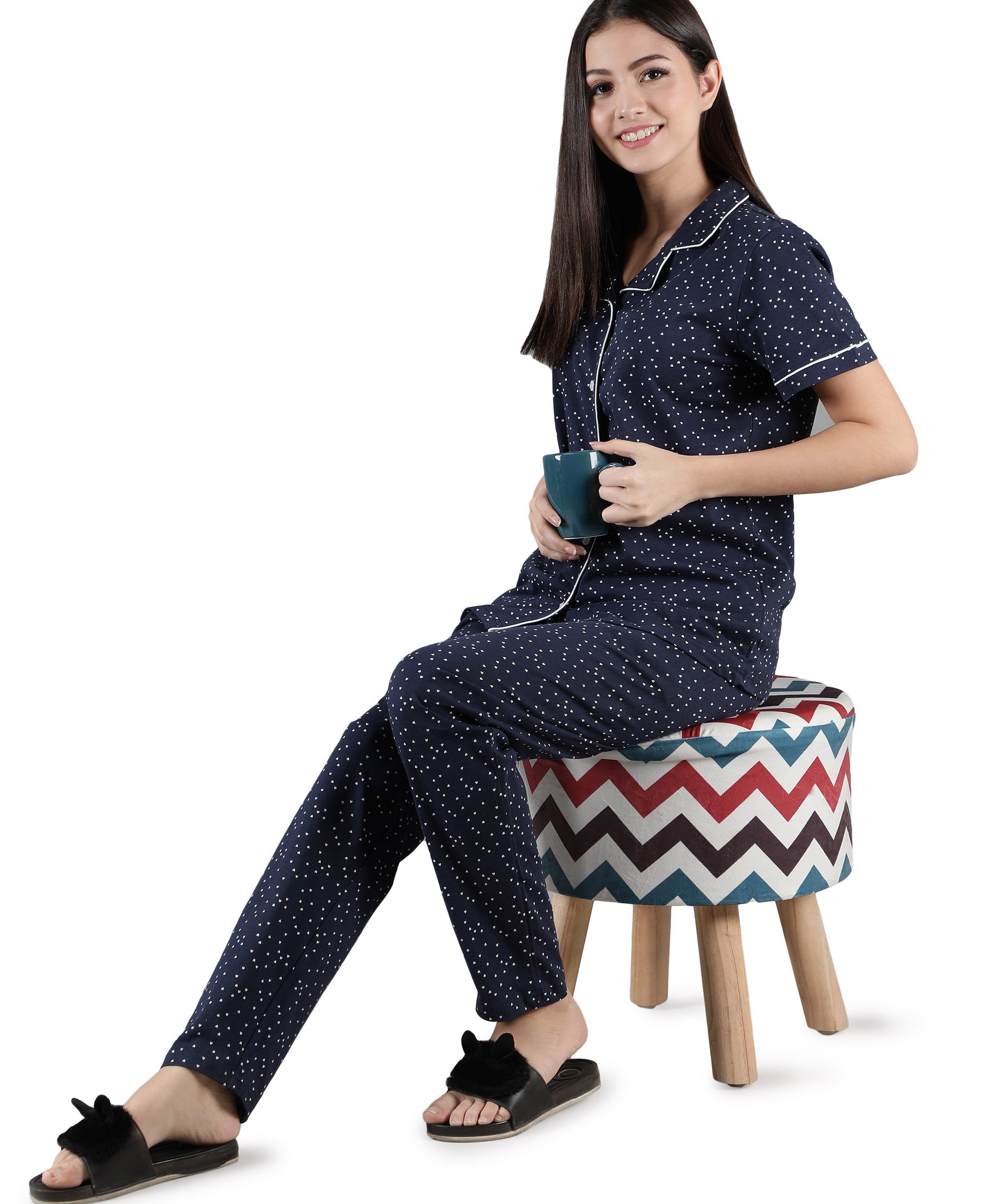 Women's Navy White Hearts Collar Style PJ Set - Romantic & Comfortable Sleepwear