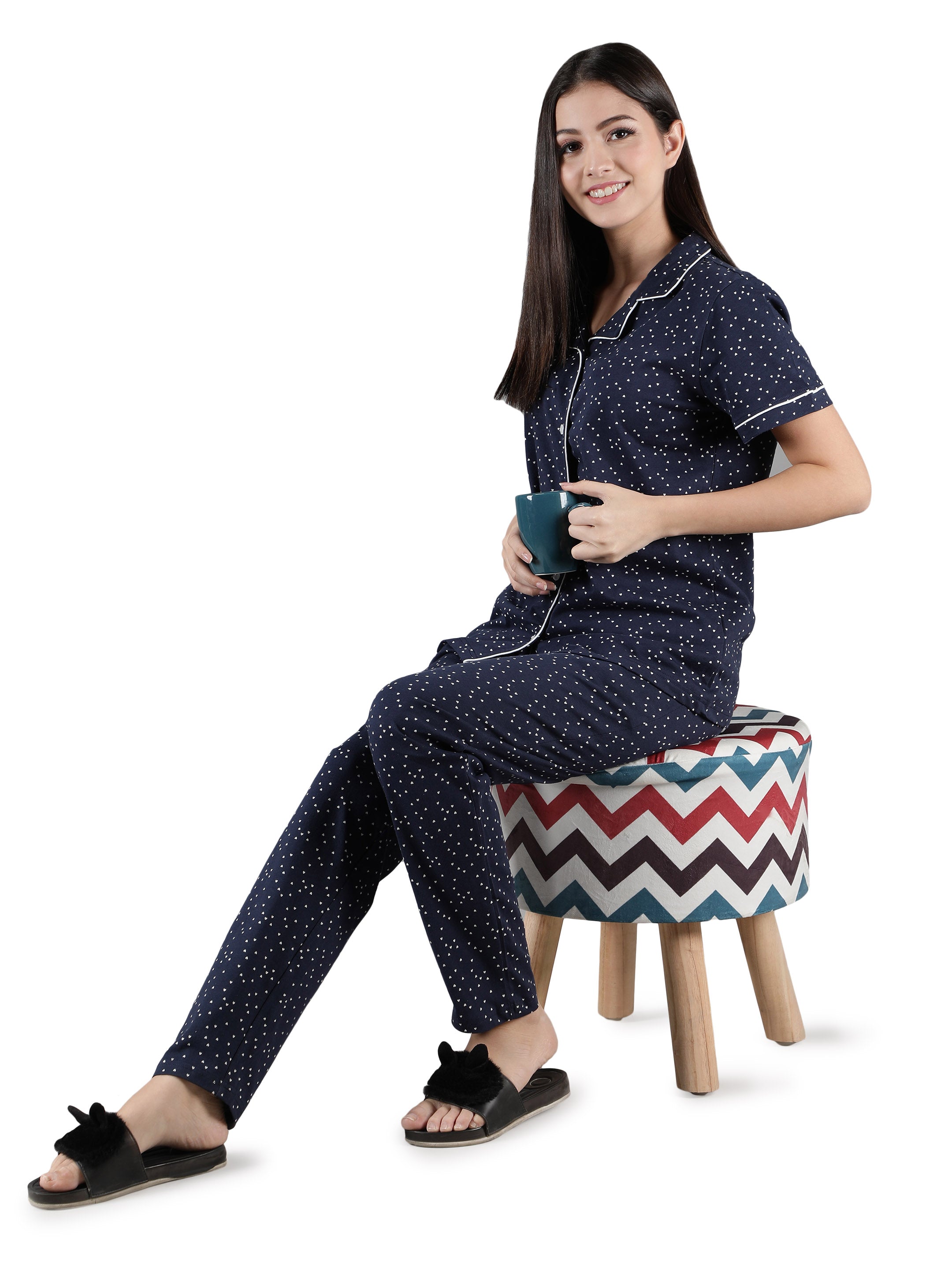 Women's Navy White Hearts Collar Style PJ Set - Romantic & Comfortable Sleepwear