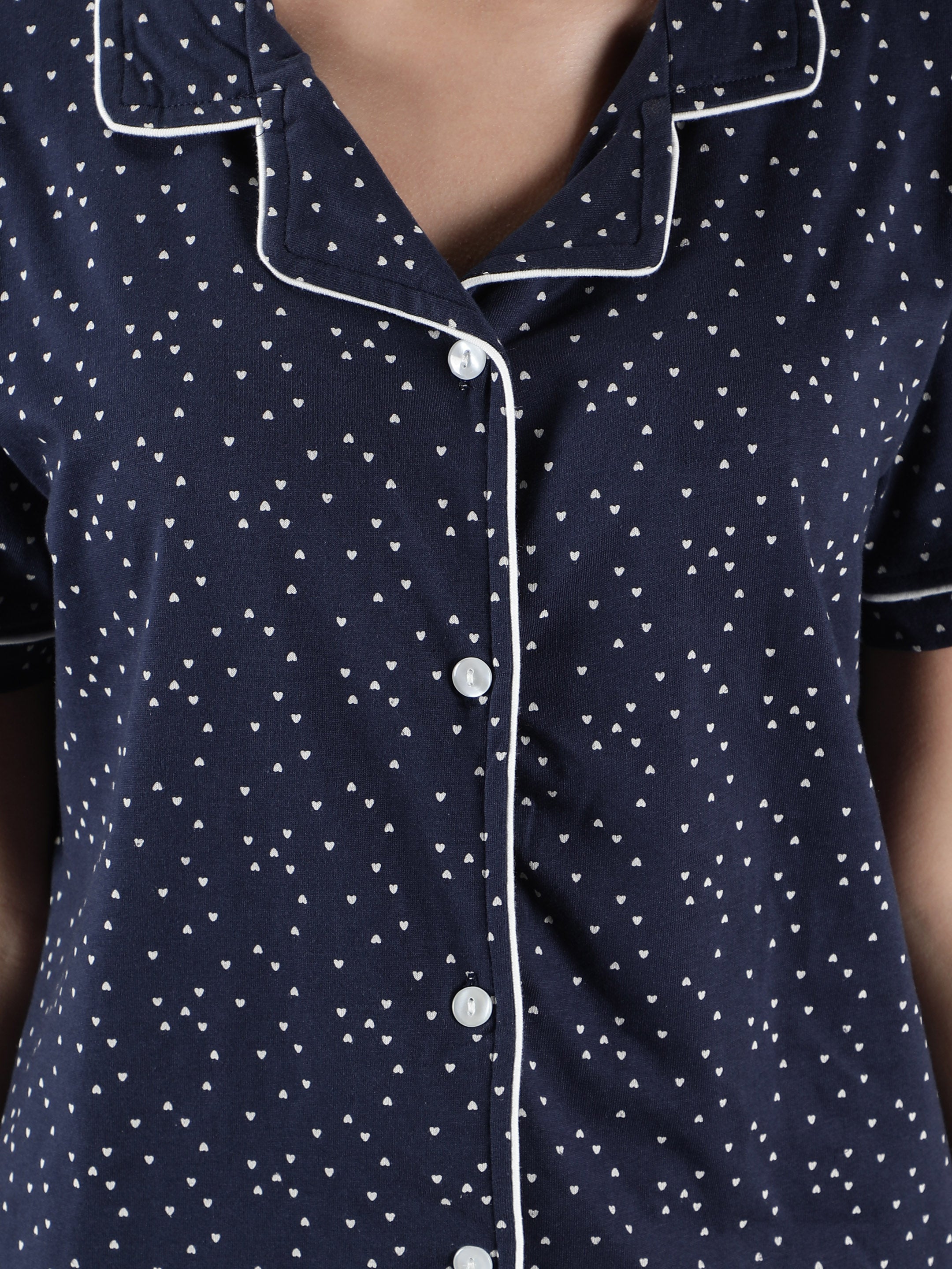 Women's Navy White Hearts Collar Style PJ Set - Romantic & Comfortable Sleepwear