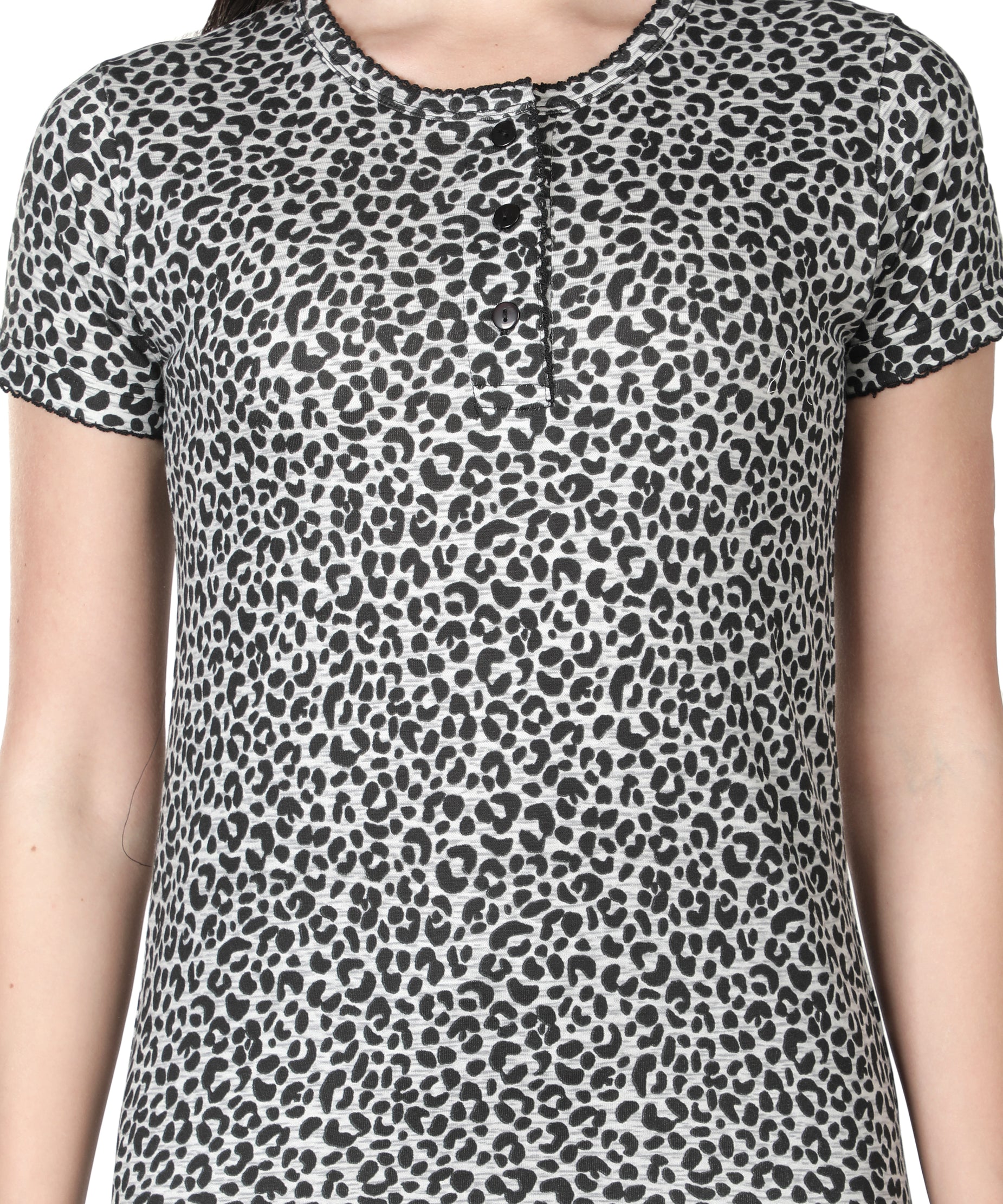 Women's Grey Leopard Round Neck Pyjama Set - Effortless Elegance in Nightwear