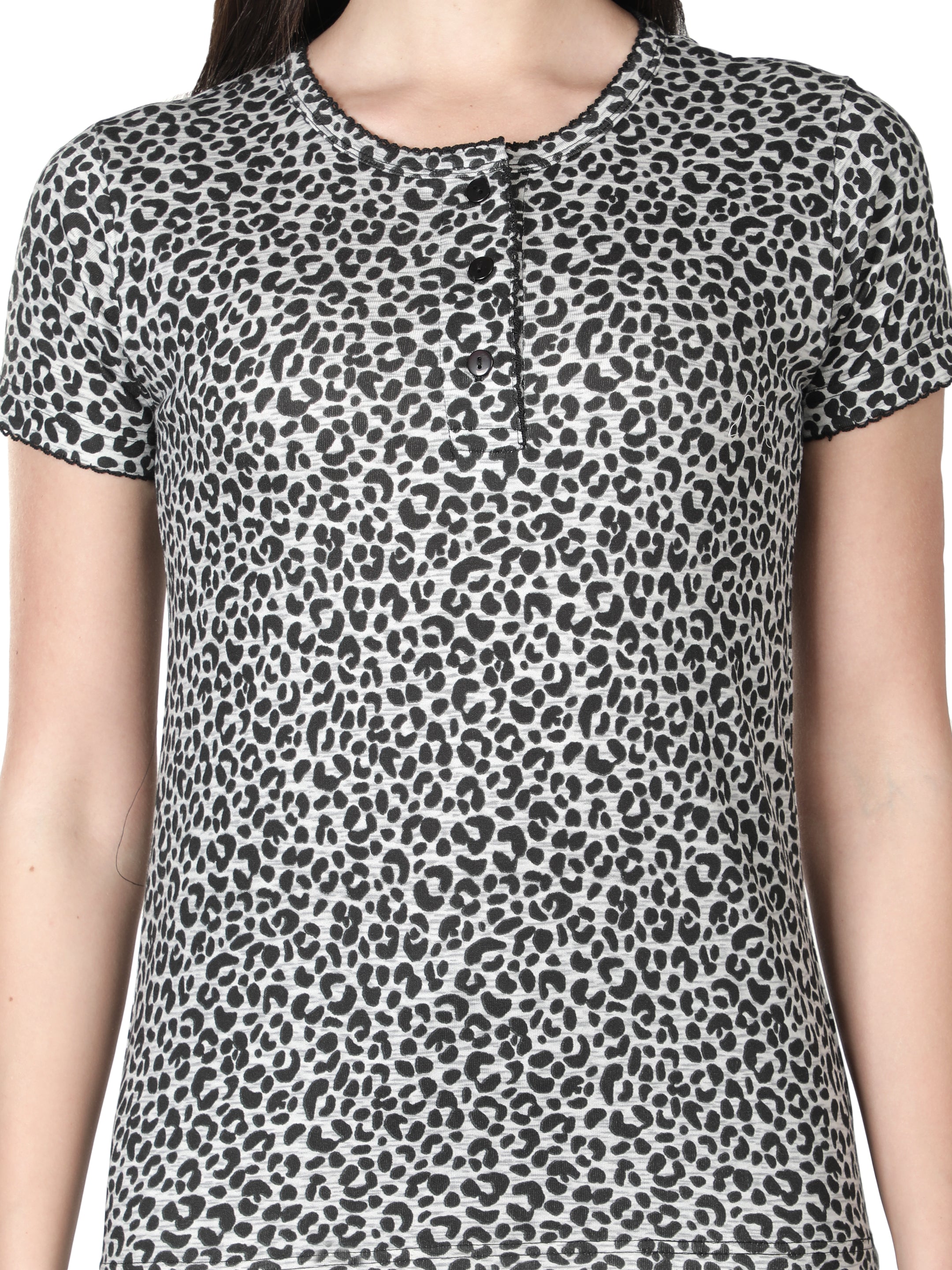 Women's Grey Leopard Round Neck Pyjama Set - Effortless Elegance in Nightwear