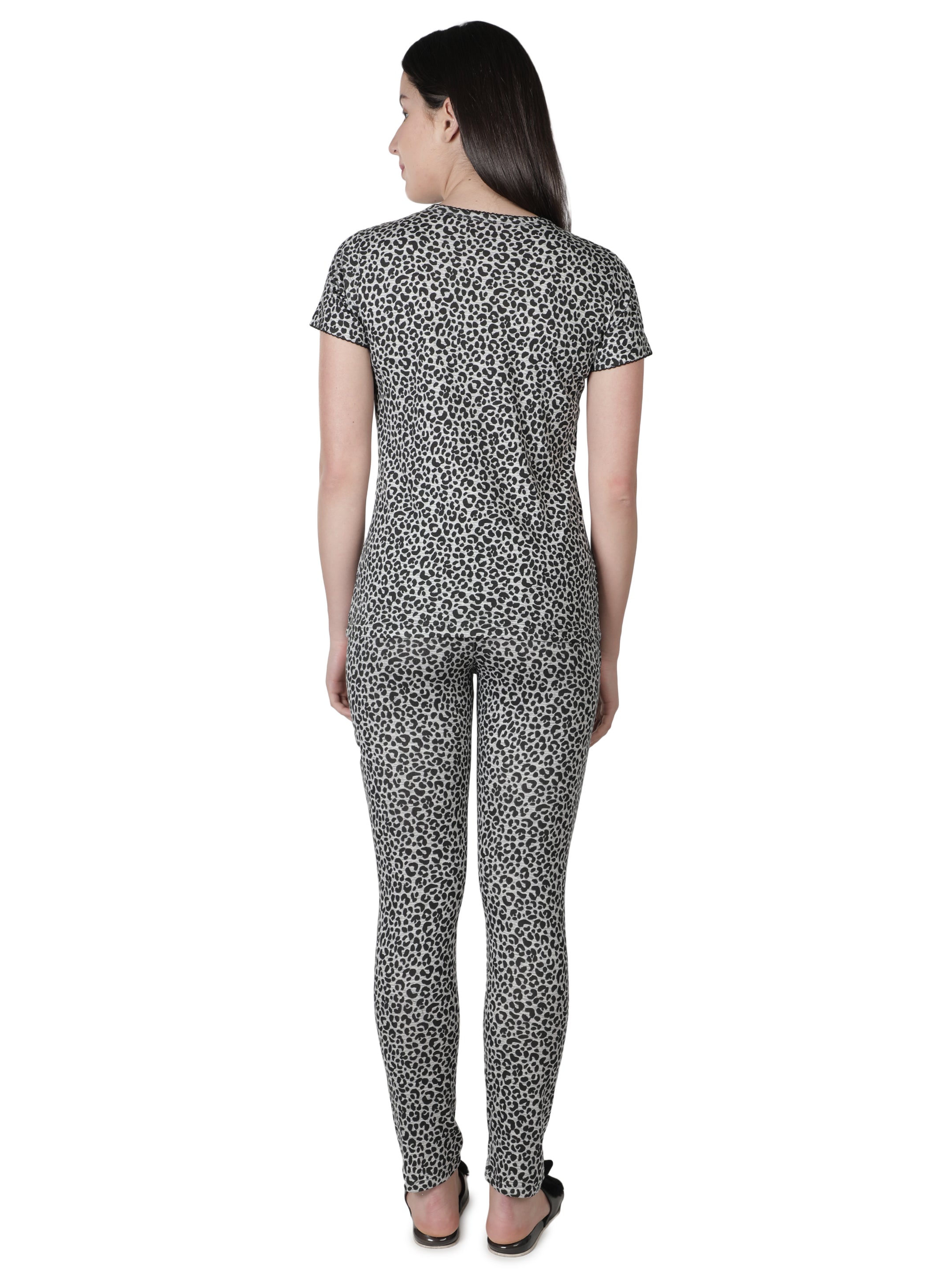 Women's Grey Leopard Round Neck Pyjama Set - Effortless Elegance in Nightwear