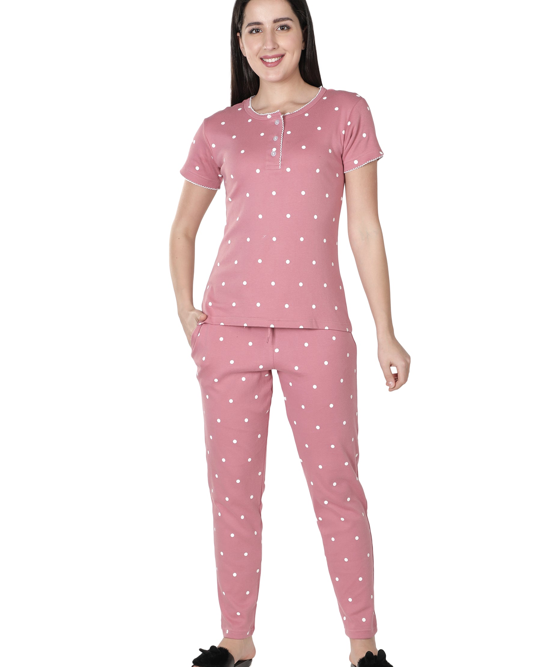 Women's Pink Polka Dot Round Neck Pyjama Set - Playful Comfort in Nightwear