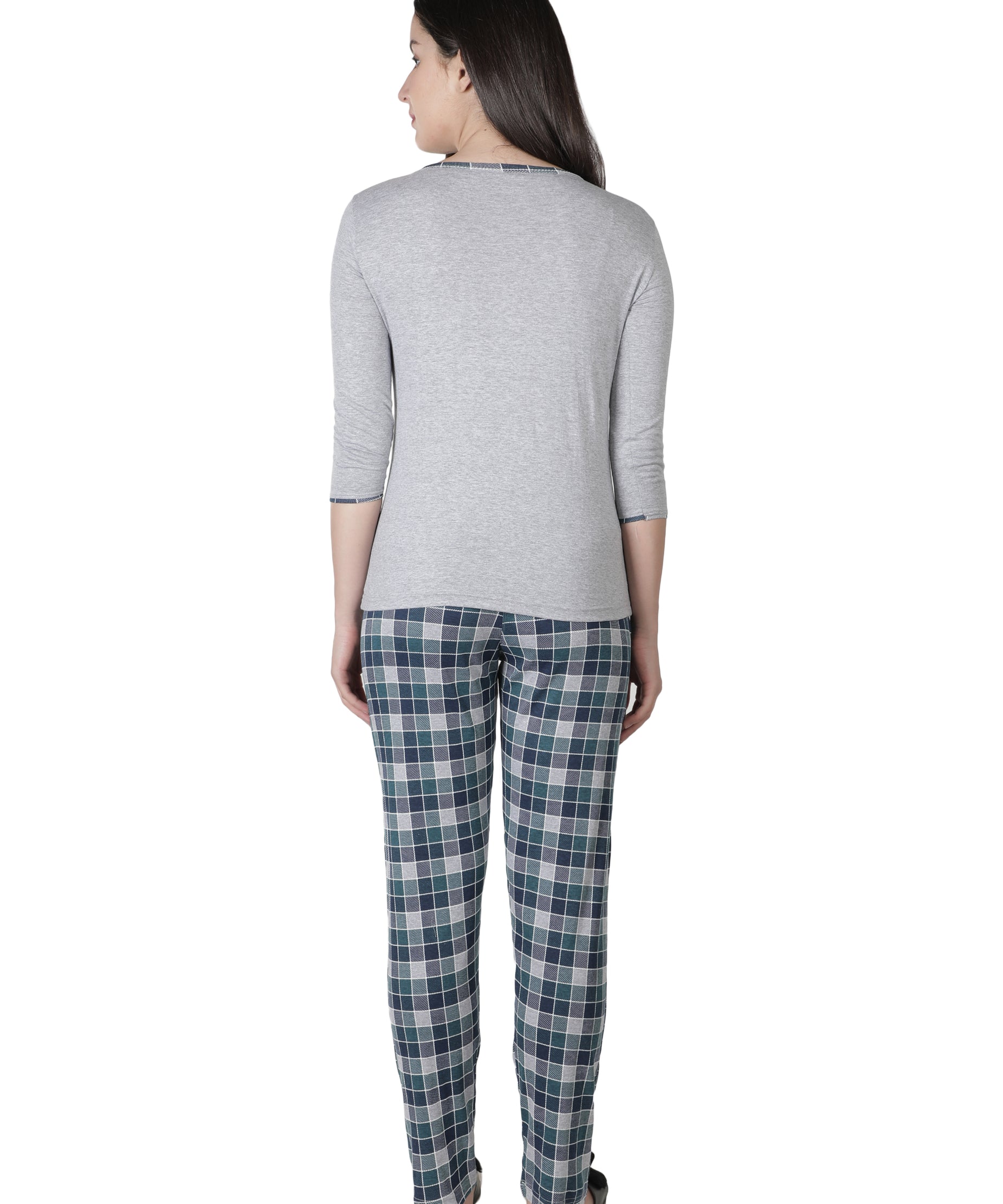 Women's Grey and Checks Round Neck Pyjama Set - Classic Comfort Meets Style