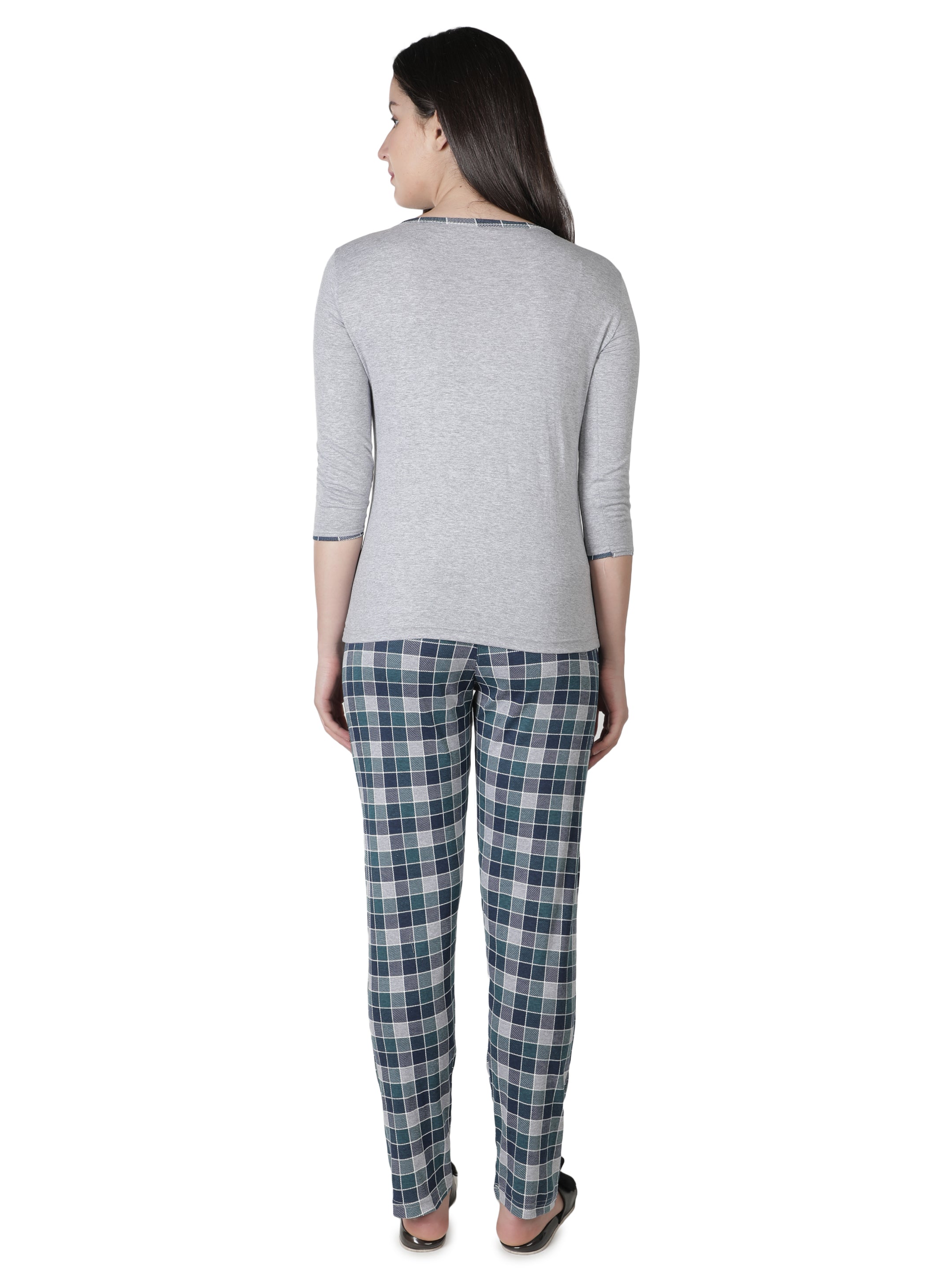 Women's Grey and Checks Round Neck Pyjama Set - Classic Comfort Meets Style